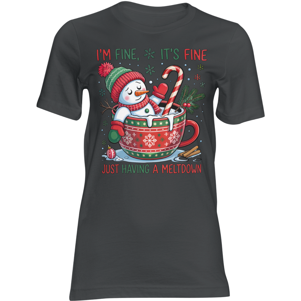 Frosty Meltdown snowman in a festive mug with candy cane on a Christmas graphic tee; text: I'm fine, it's fine.