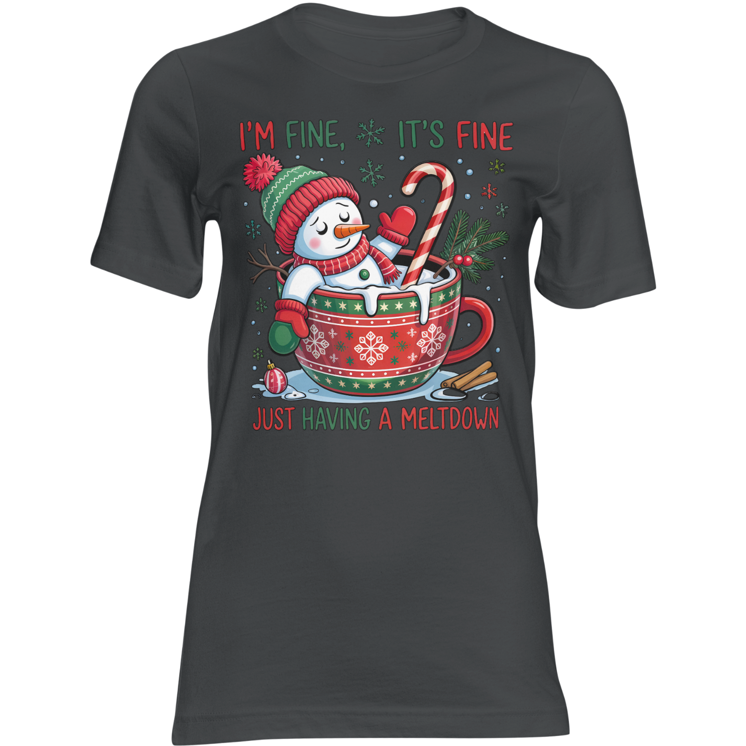 Frosty Meltdown snowman in a festive mug with candy cane on a Christmas graphic tee; text: I'm fine, it's fine.