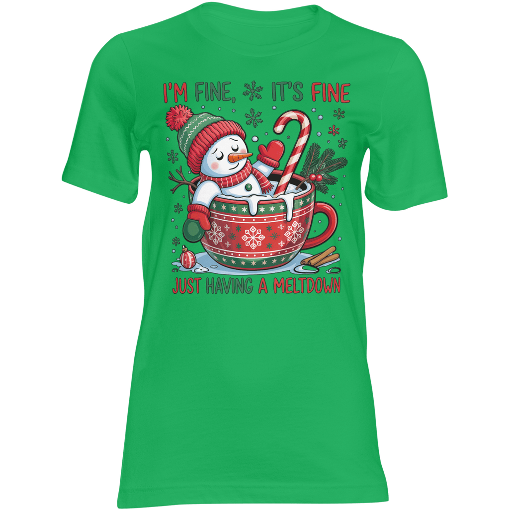 Green Christmas tee featuring Frosty Meltdown snowman lounging in a mug with candy cane and snowflakes