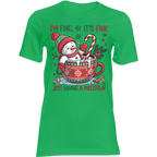 Green Christmas tee featuring Frosty Meltdown snowman lounging in a mug with candy cane and snowflakes