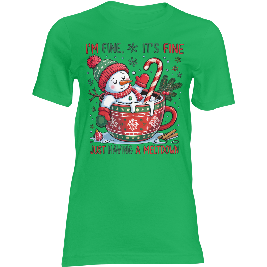 Green Christmas tee featuring Frosty Meltdown snowman lounging in a mug with candy cane and snowflakes