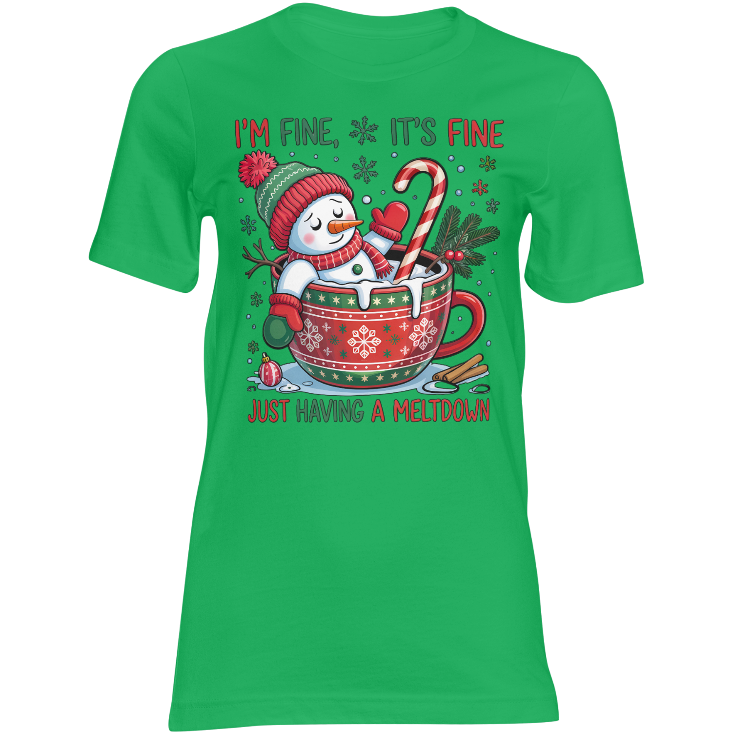 Green Christmas tee featuring Frosty Meltdown snowman lounging in a mug with candy cane and snowflakes