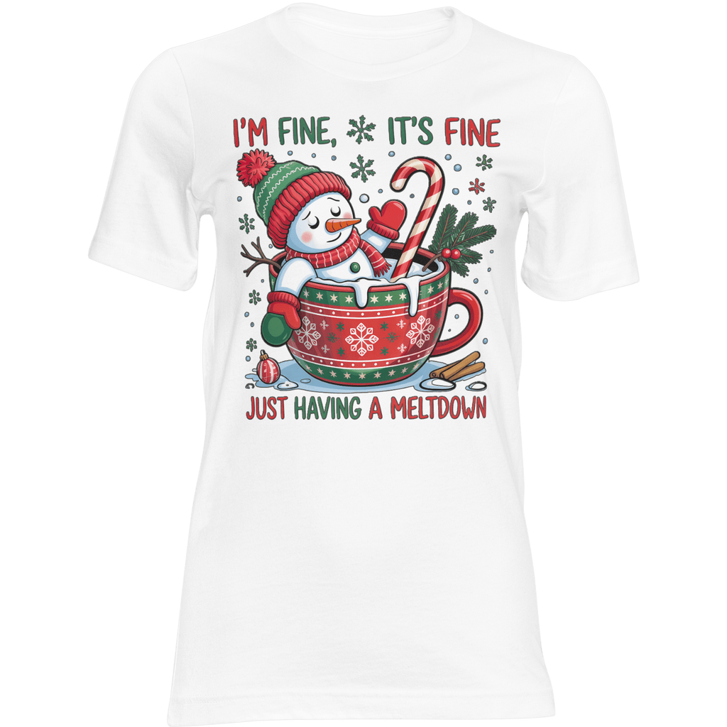 Christmas T-shirt featuring Frosty Meltdown snowman in a decorated mug with candy cane, pine sprig, and snowflakes