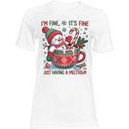 Christmas T-shirt featuring Frosty Meltdown snowman in a decorated mug with candy cane, pine sprig, and snowflakes