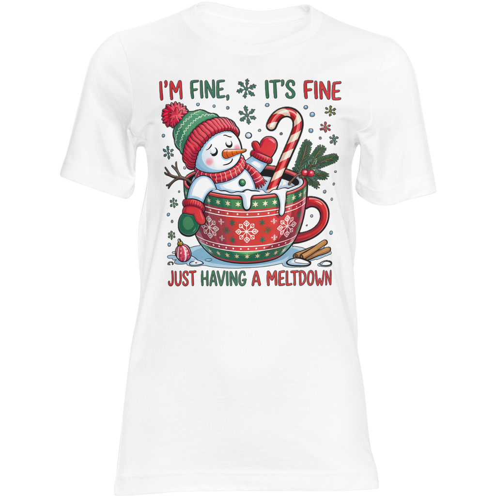 Christmas T-shirt featuring Frosty Meltdown snowman in a decorated mug with candy cane, pine sprig, and snowflakes