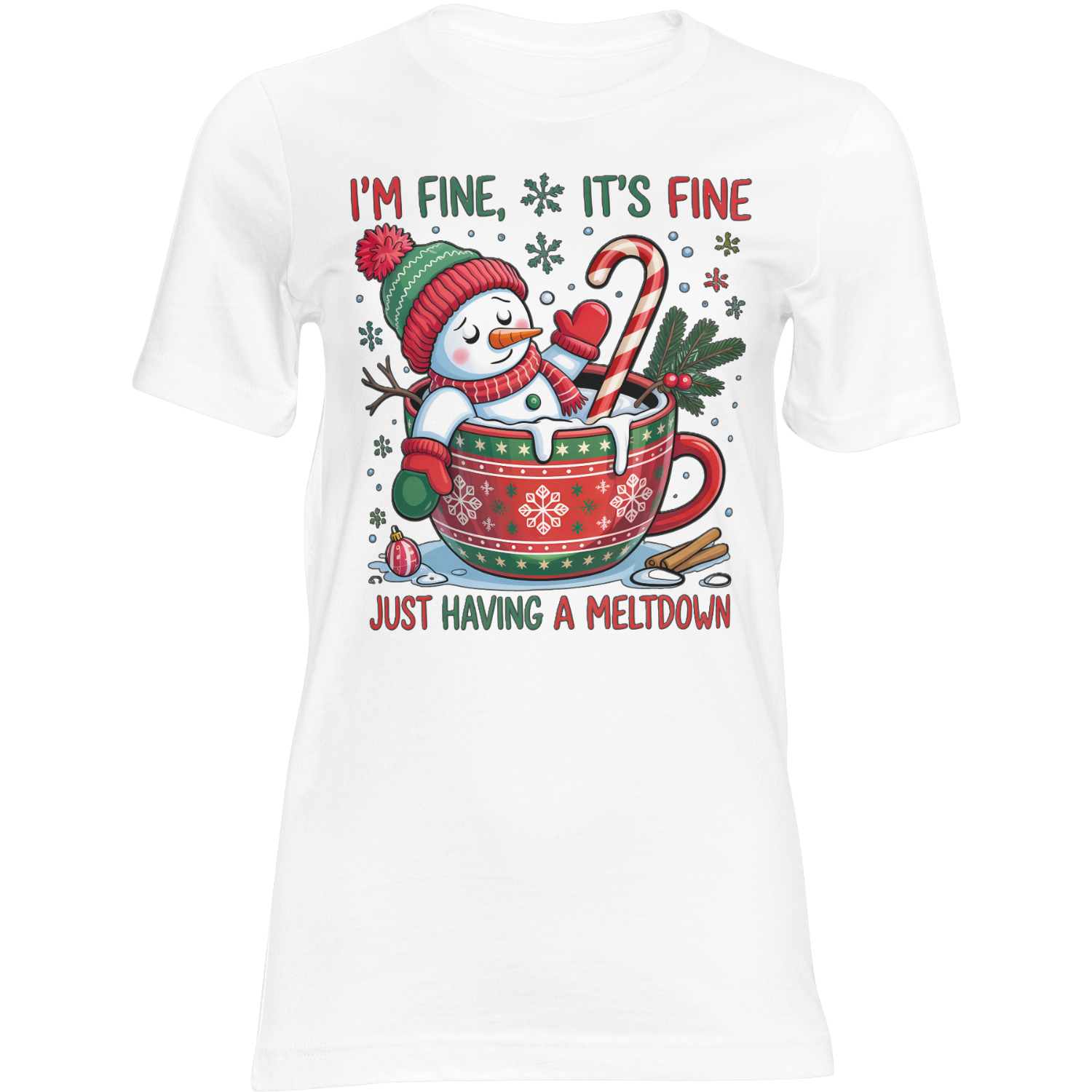 Christmas T-shirt featuring Frosty Meltdown snowman in a decorated mug with candy cane, pine sprig, and snowflakes
