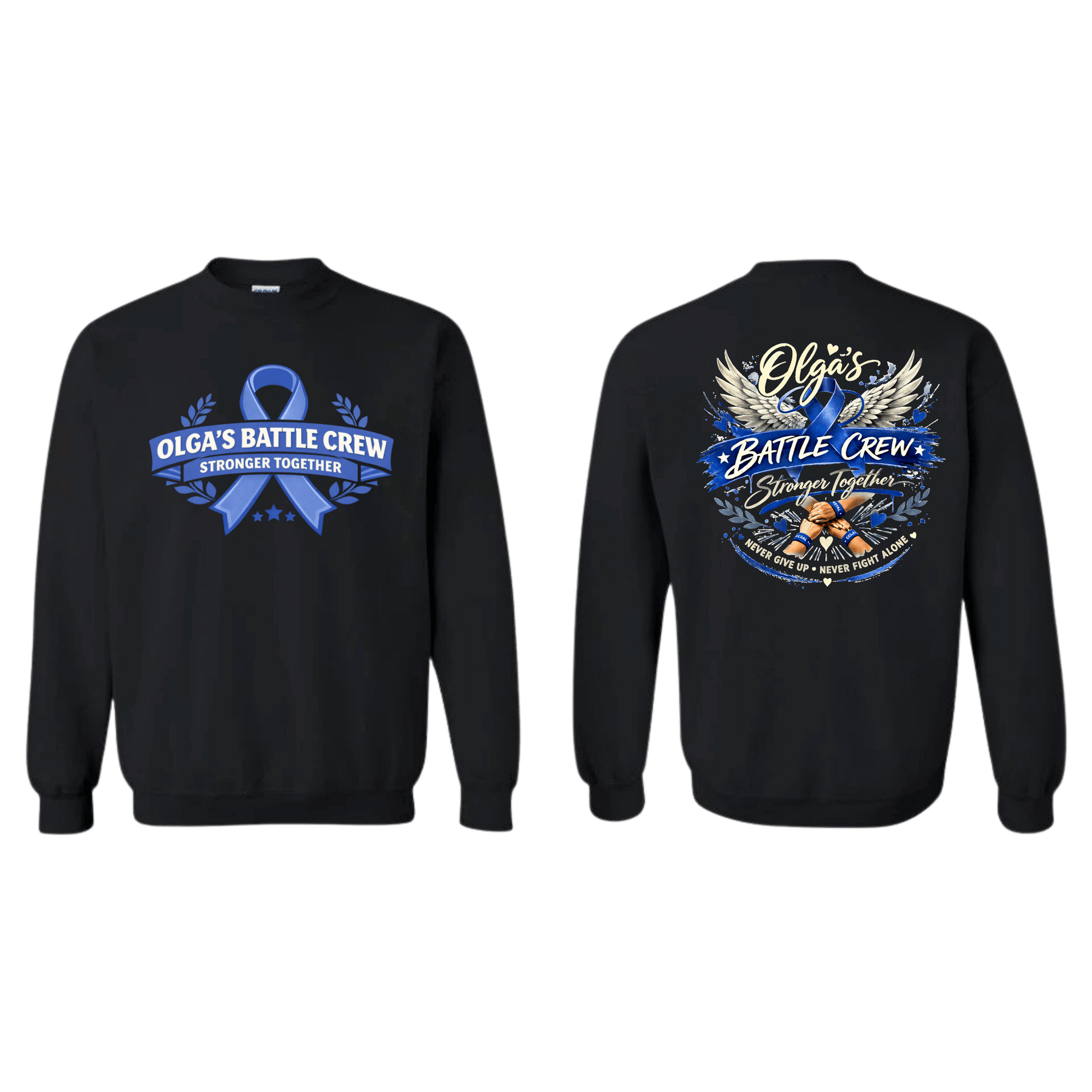 Black sweatshirt with 'Olga's Battle Crew' design on front and back, featuring a blue ribbon and angel wings.