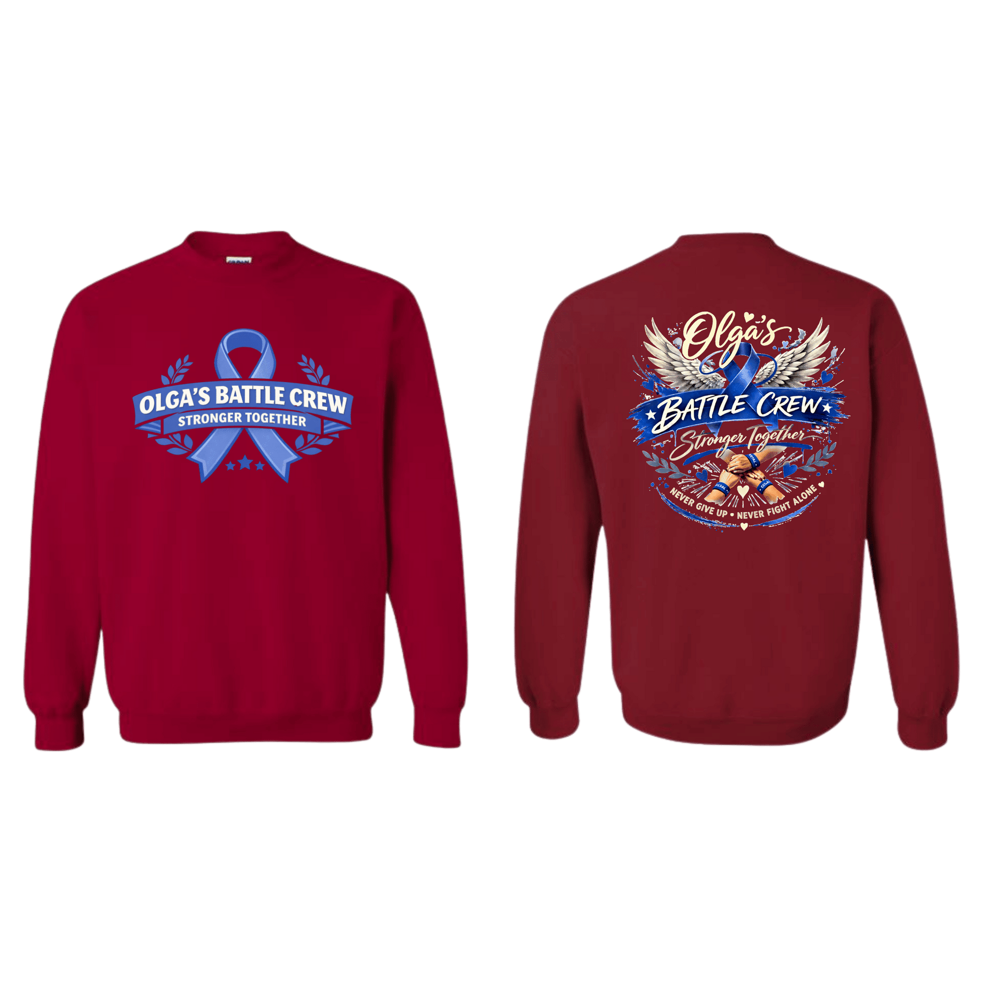 Red sweatshirt with 'Olga's Battle Crew' design on front and back, featuring a blue ribbon and text.