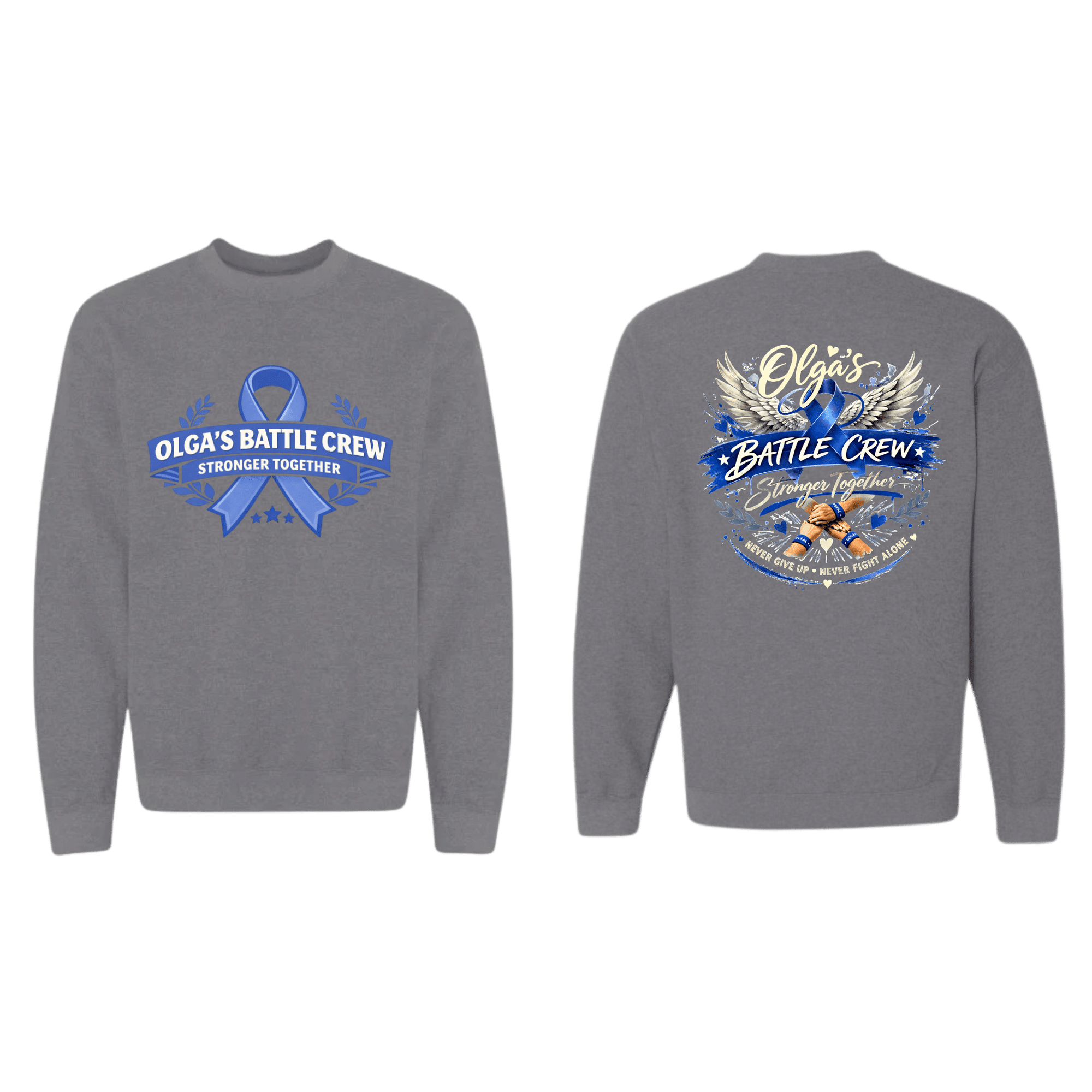 Grey Gildan G180 crewneck sweatshirt with Olga's Battle Crew front blue ribbon logo and back winged Stronger Together