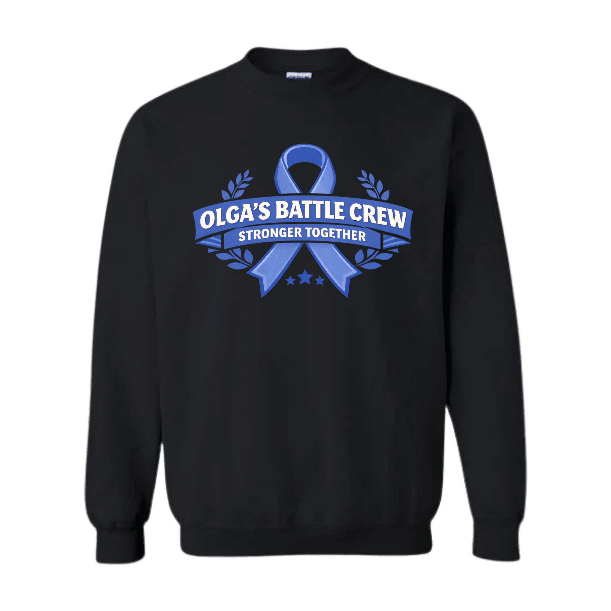 Black Olga's Battle Crew sweatshirt with blue ribbon, laurel, and Stronger Together.