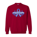 Red sweatshirt with blue ribbon design and text on a transparent background