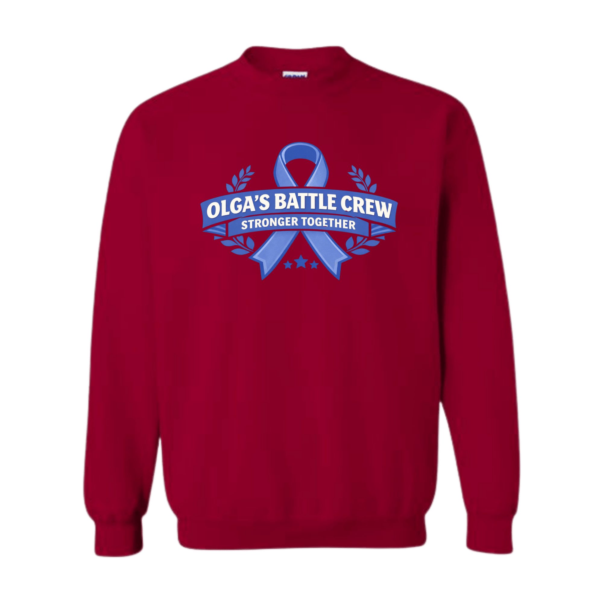 Red sweatshirt with blue ribbon design and text on a transparent background