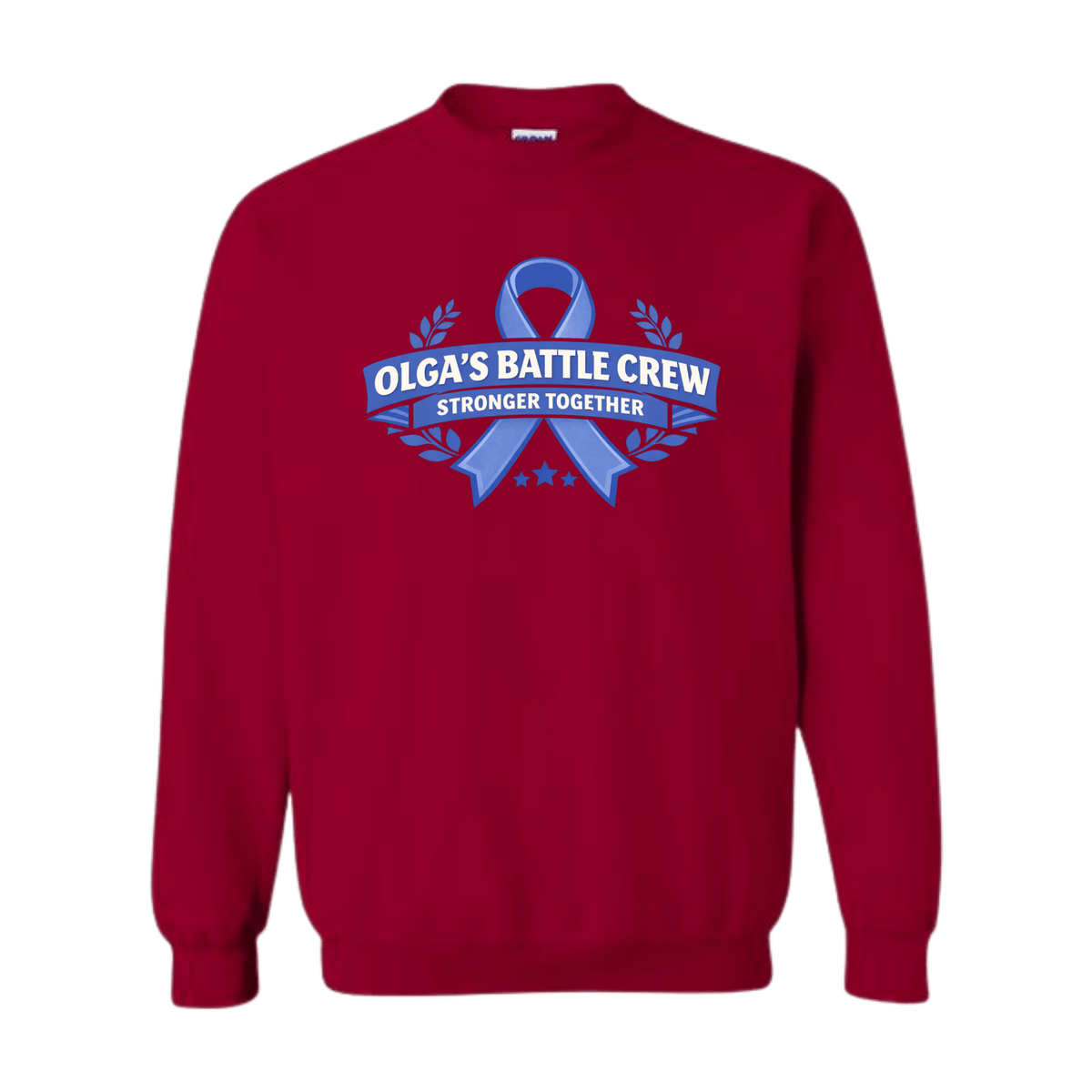 Red sweatshirt with blue ribbon design and text on a transparent background