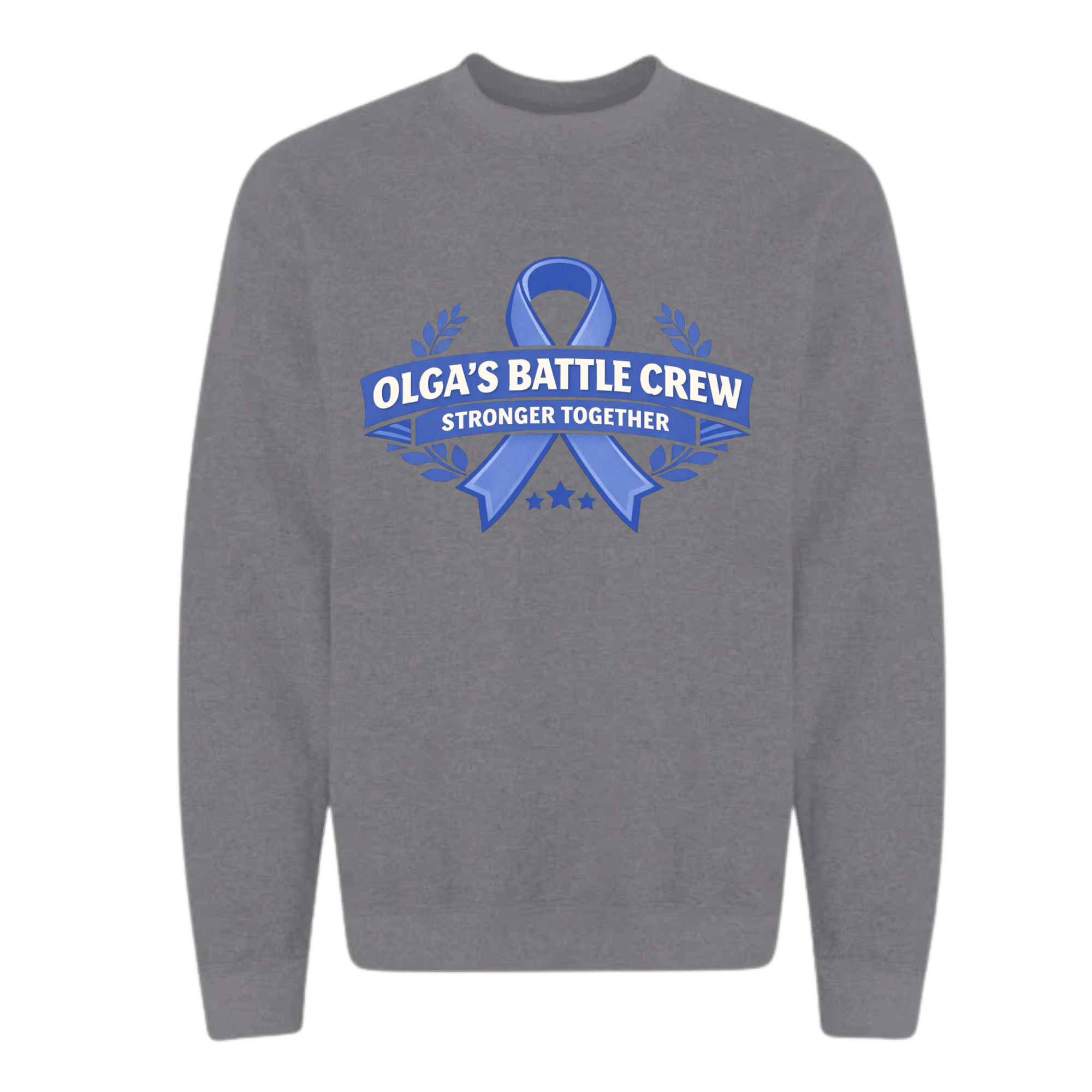 Gray sweatshirt with blue ribbon design and text on a transparent background