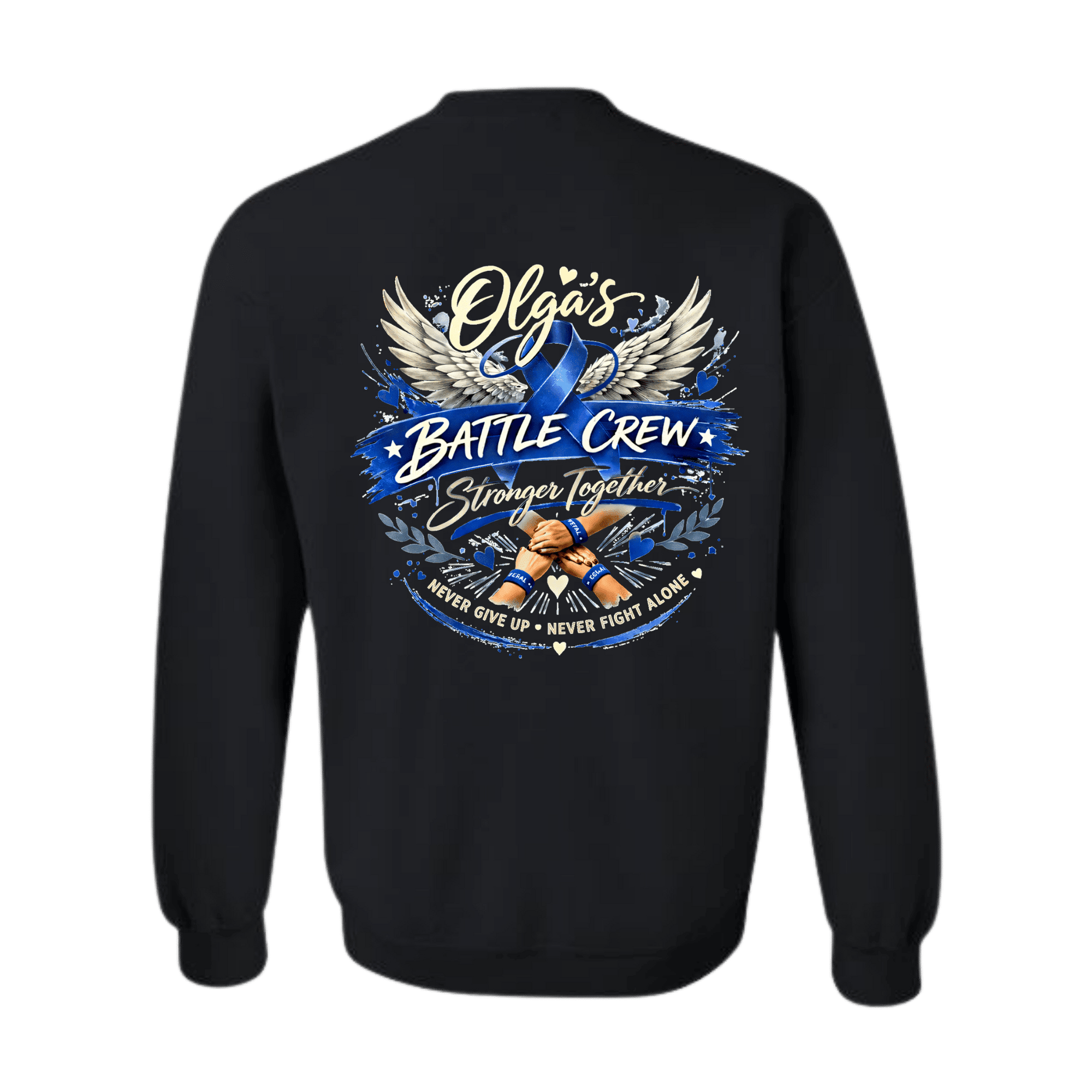 Olga's Battle Crew Stronger Together sweatshirt design with wings, blue ribbon, and clasped hands on black crewneck.