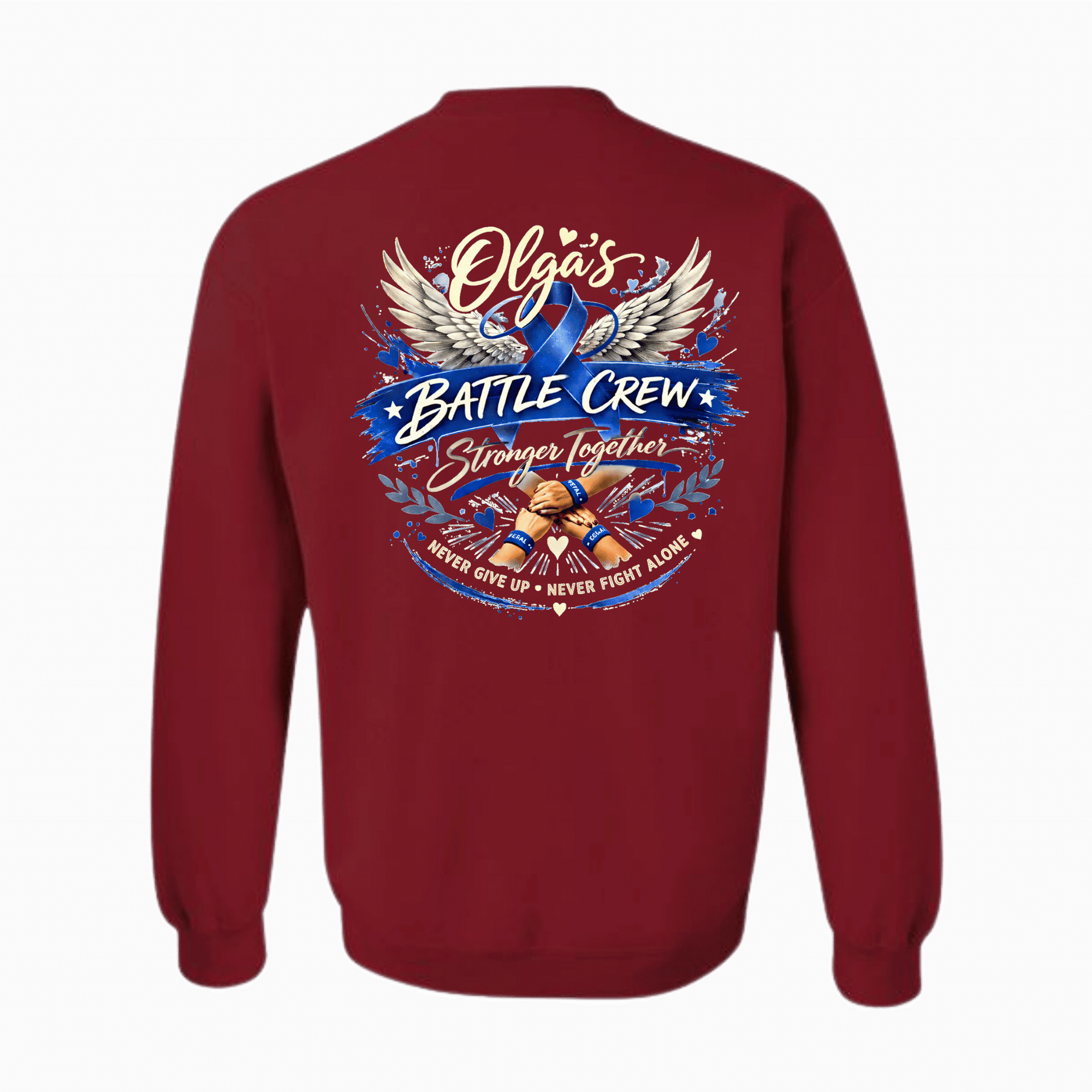 Maroon sweatshirt with 'Olga's Battle Crew' design on a purple background