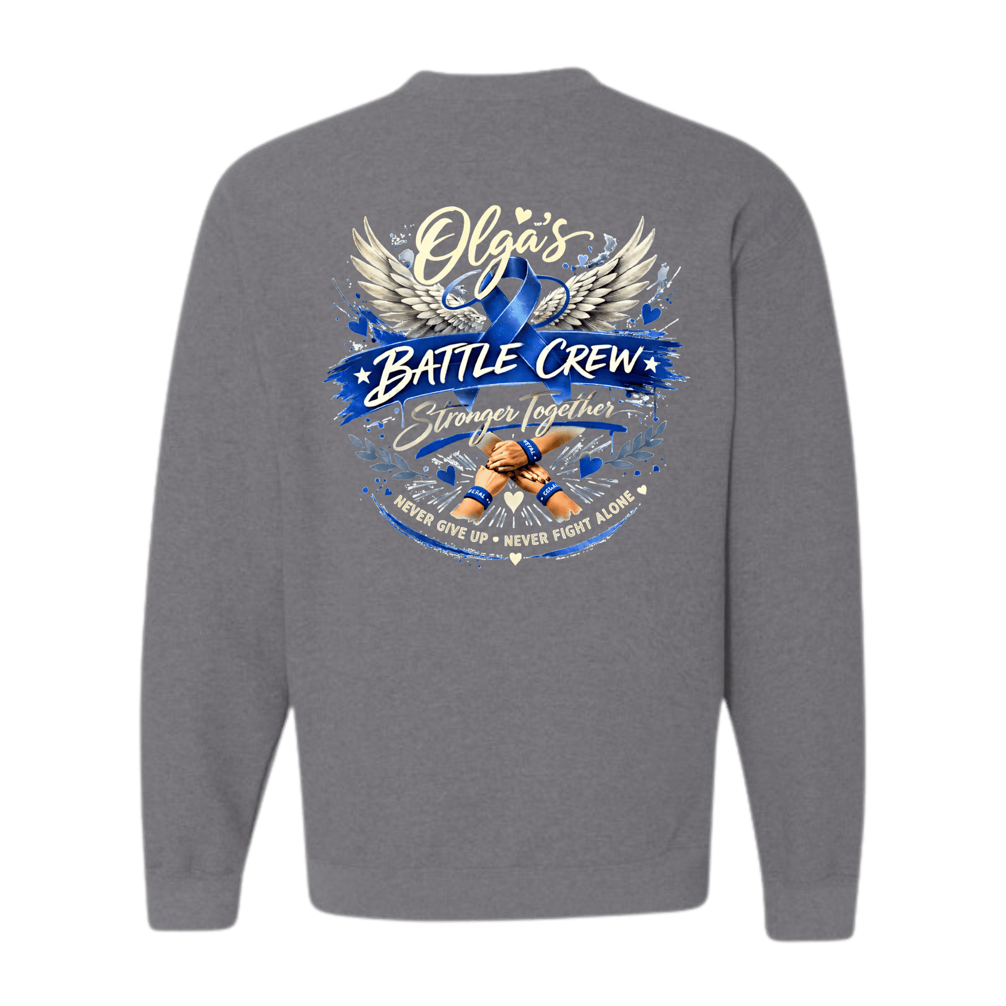 Gray sweatshirt with 'Olga's Battle Crew' design on the back