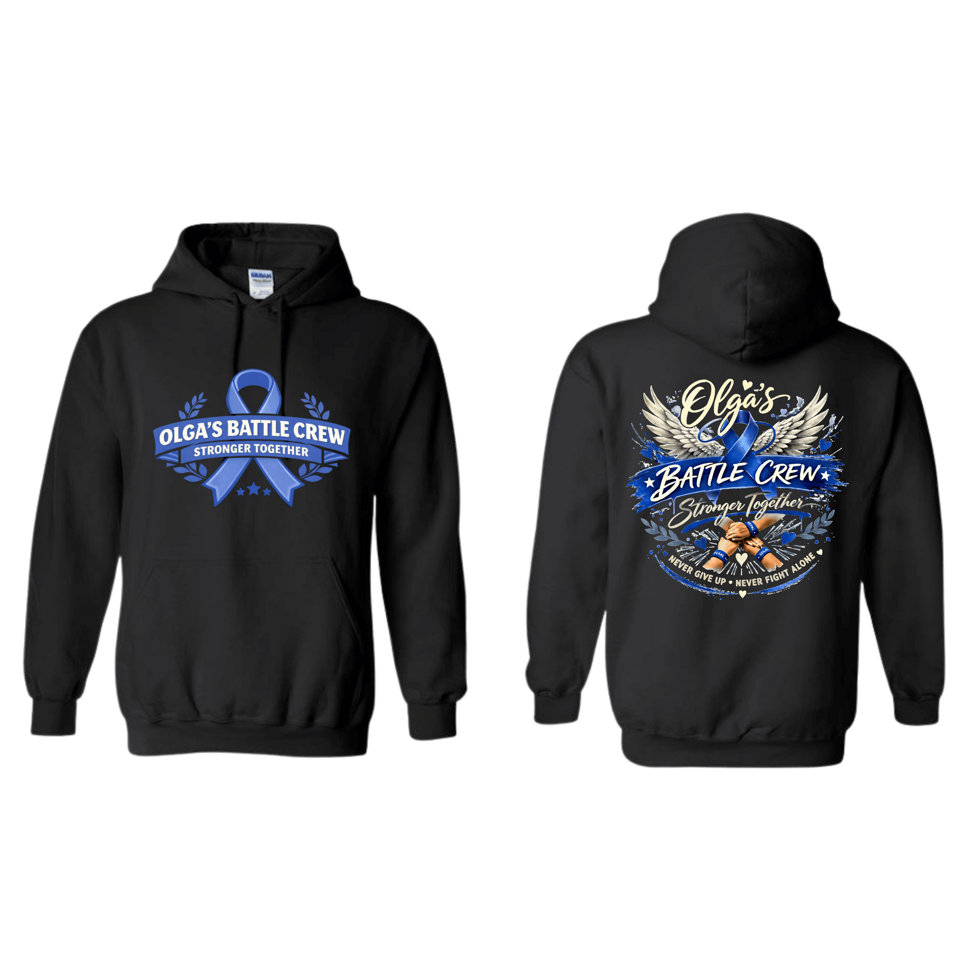 Black hoodie with Olga's Battle Crew front blue ribbon logo; back shows wings and Stronger Together text.