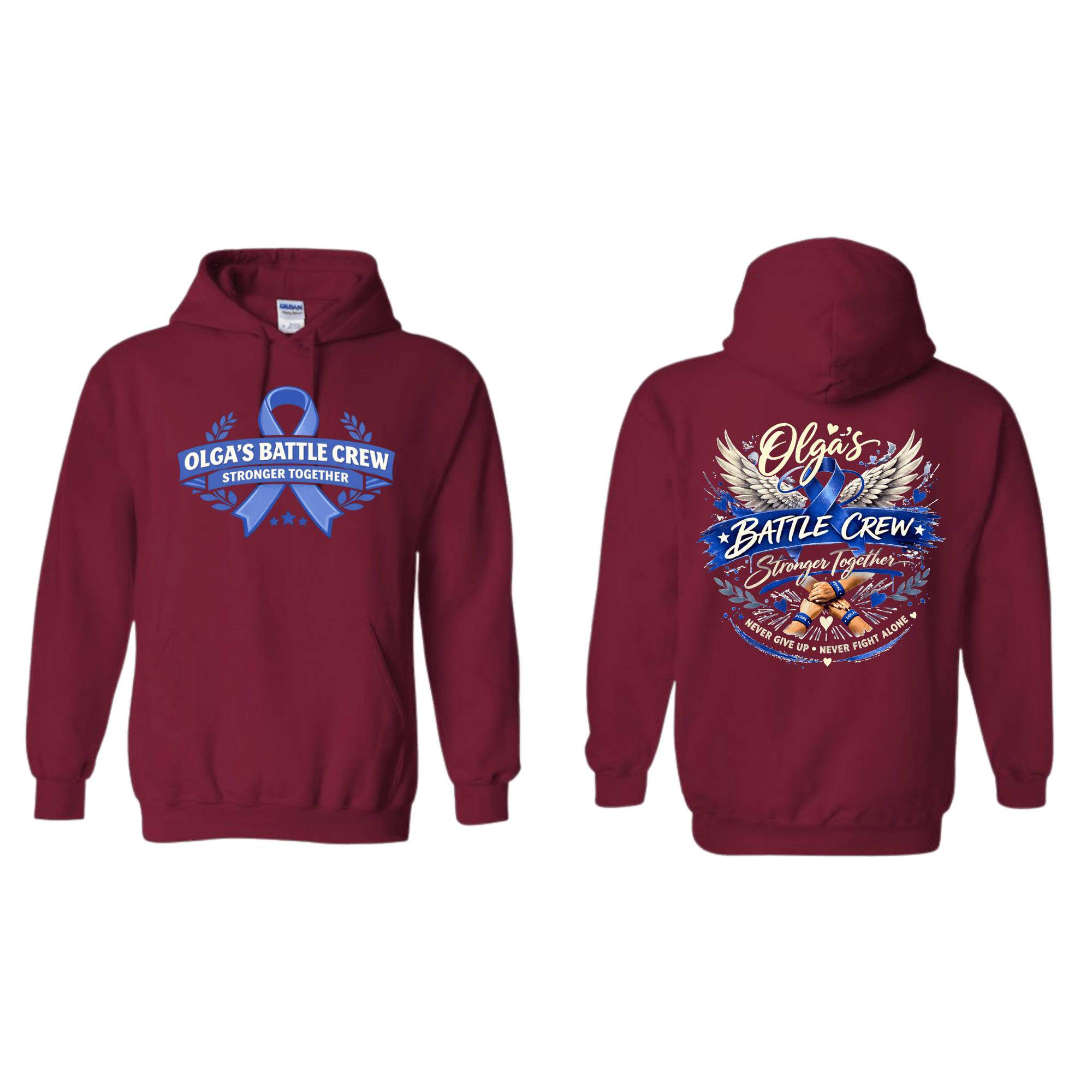 Maroon hoodie with blue ribbon design on front and back, featuring text and graphics.
