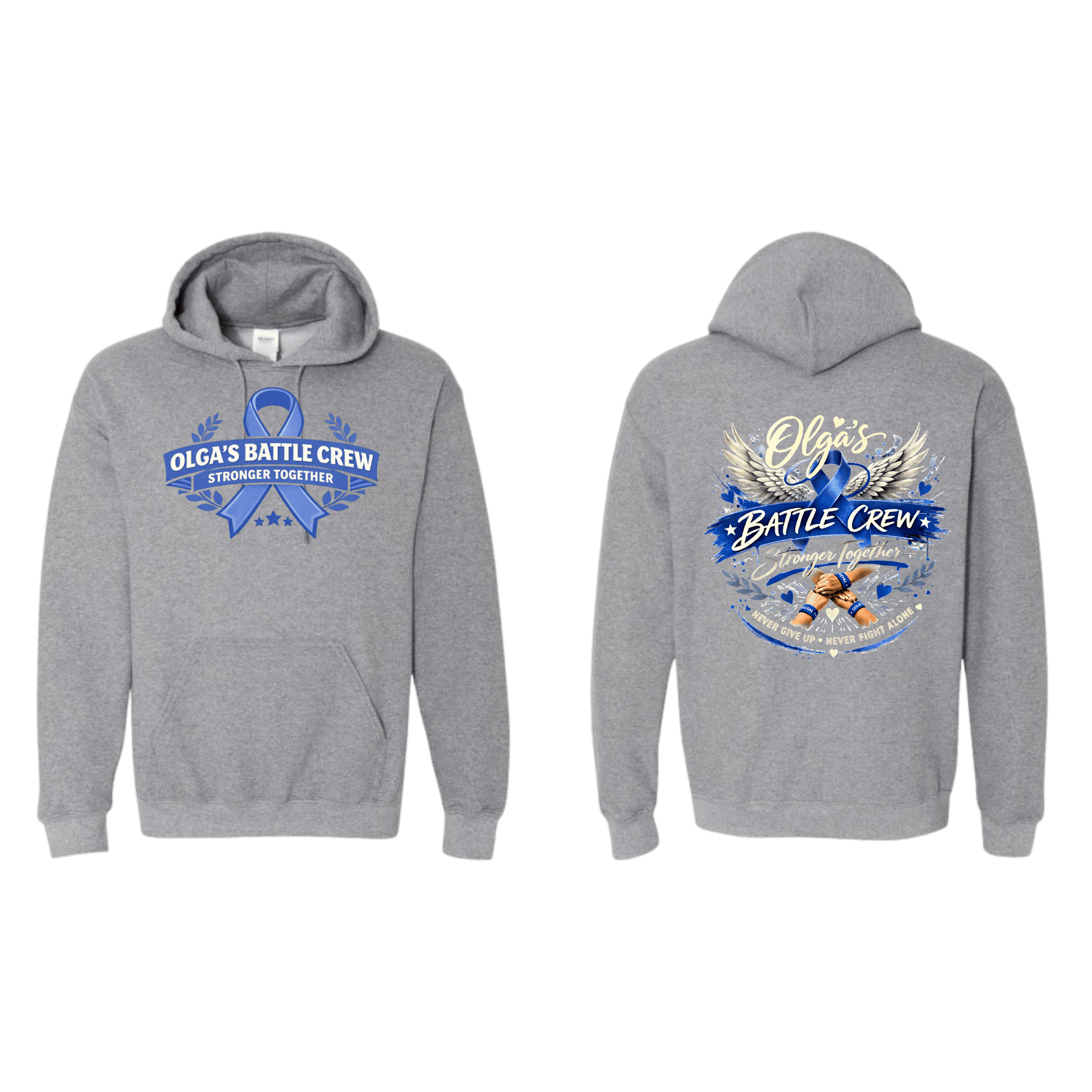 Olga's Battle Crew - Stronger Together hoodie; front blue ribbon emblem, back wings design with slogan.