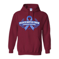 Maroon hoodie with blue ribbon design and text on a transparent background