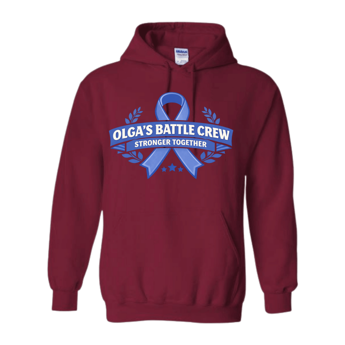 Maroon hoodie with blue ribbon design and text on a transparent background