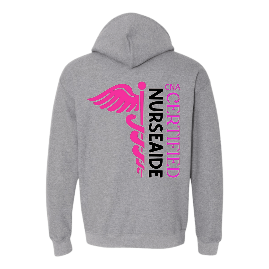 Gray hoodie with 'Certified Nurse Aide' text and logo on the back against a white background