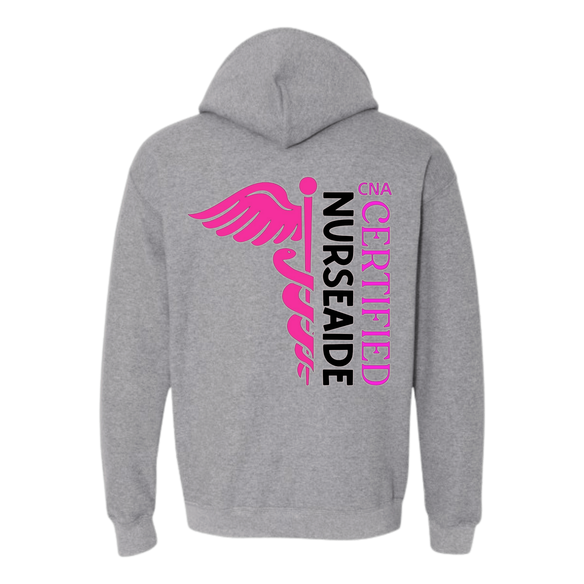 Gray hoodie with 'Certified Nurse Aide' text and logo on the back against a white background