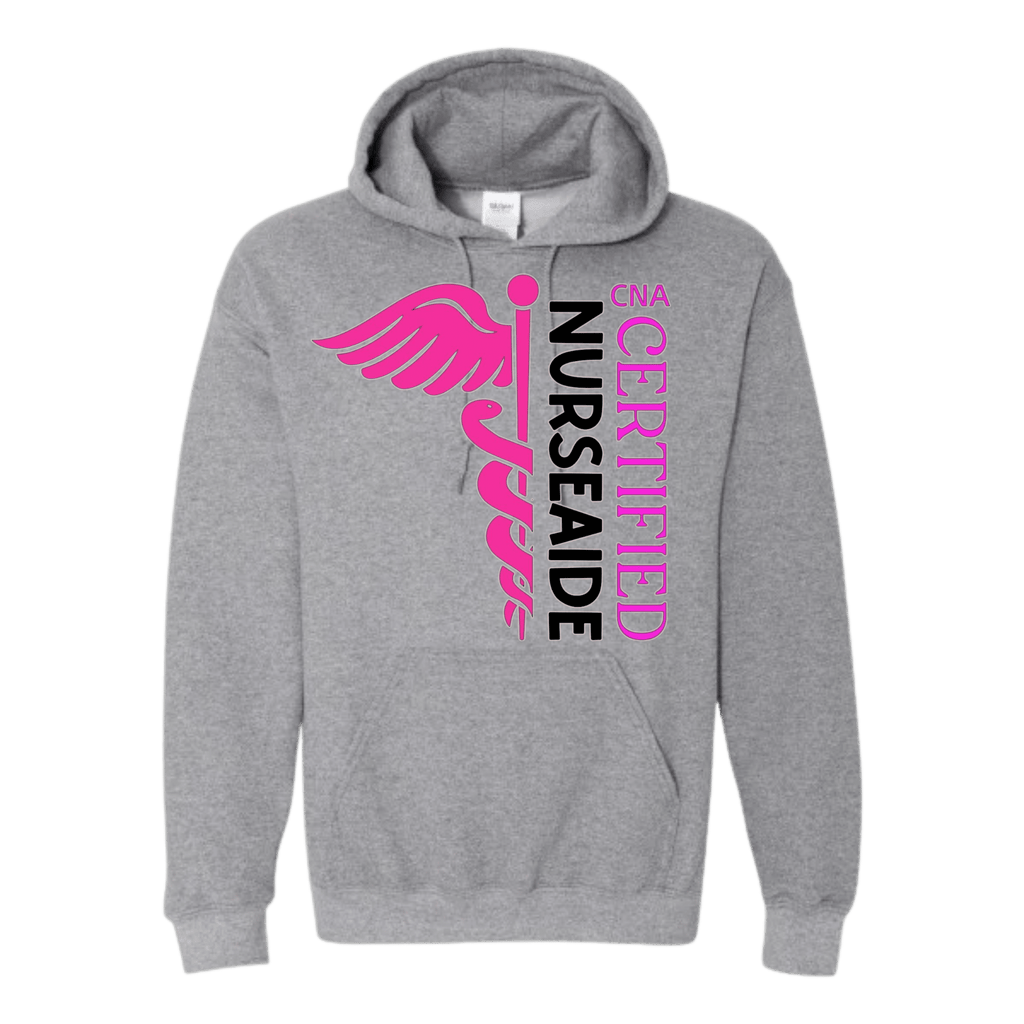 Gray hoodie with 'CNA Certified Nurse Aide' text and logo on a transparent background