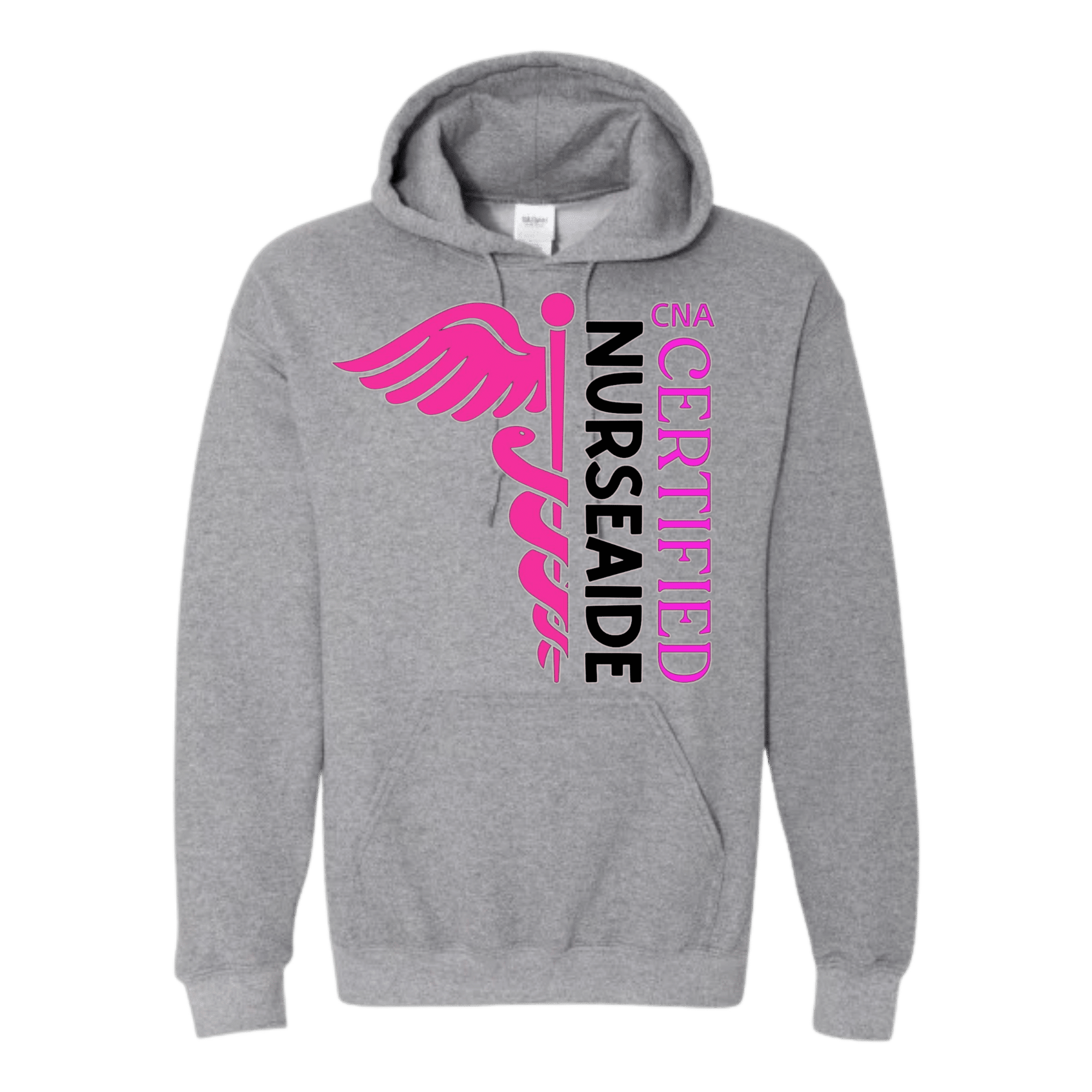 Gray hoodie with 'CNA Certified Nurse Aide' text and logo on a transparent background