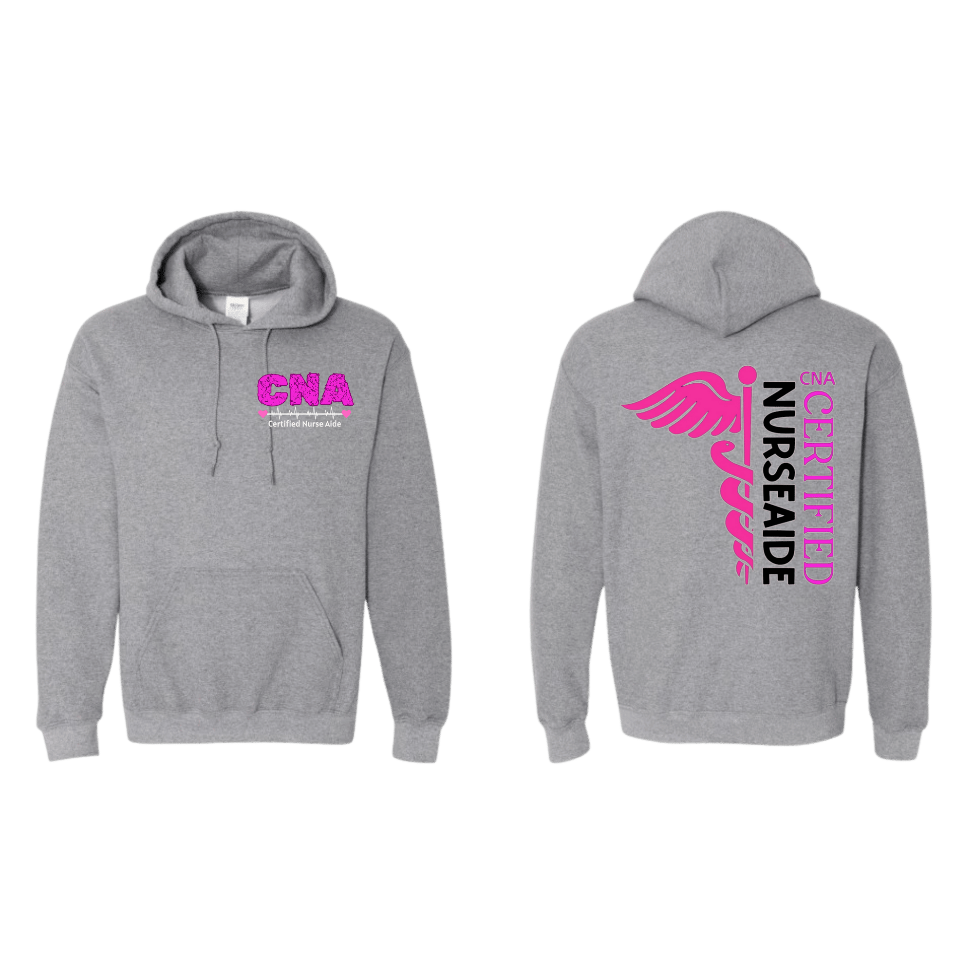 Gray hoodie with 'Certified Nurse Aide' text on a green background