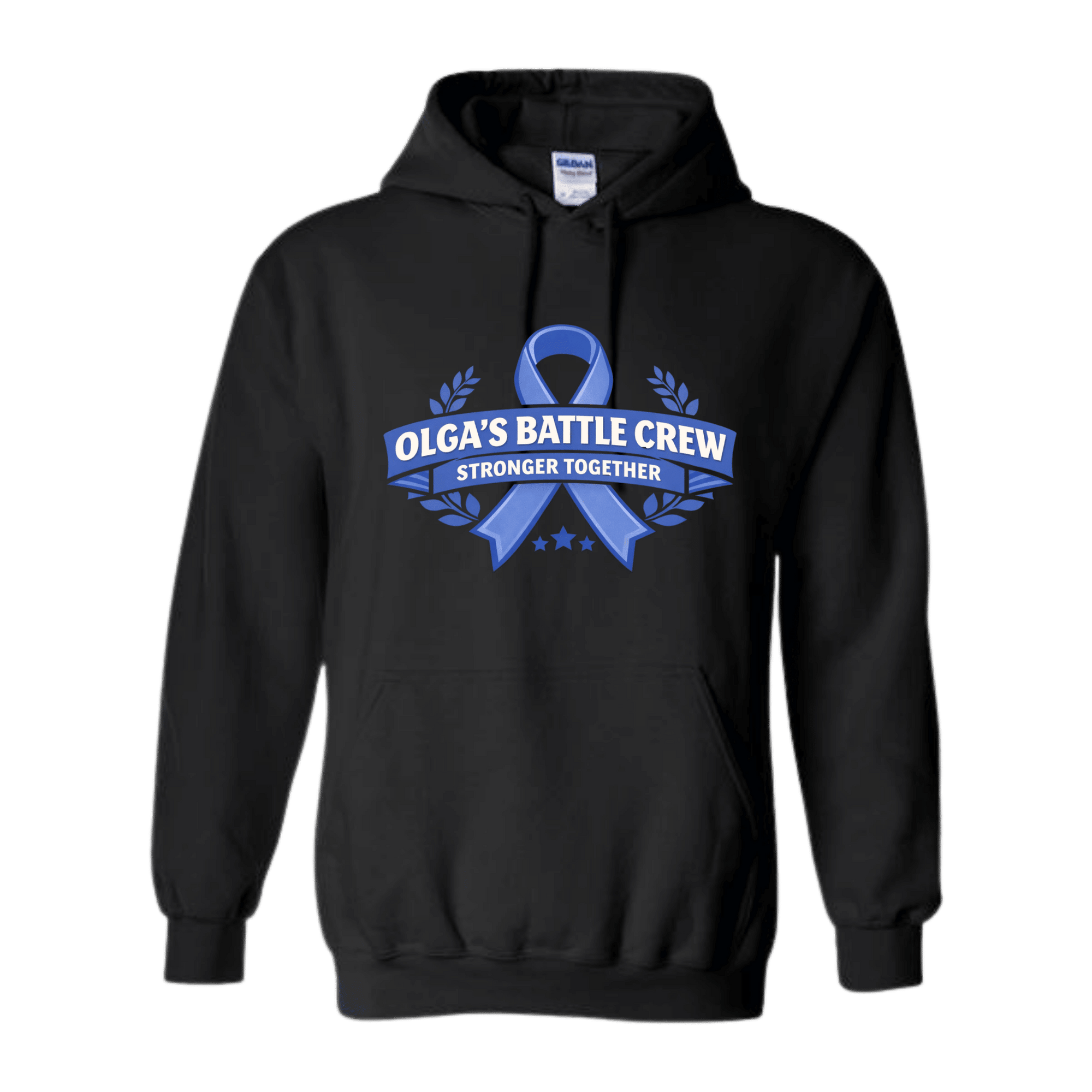 Black hoodie with blue ribbon design and text on a white background