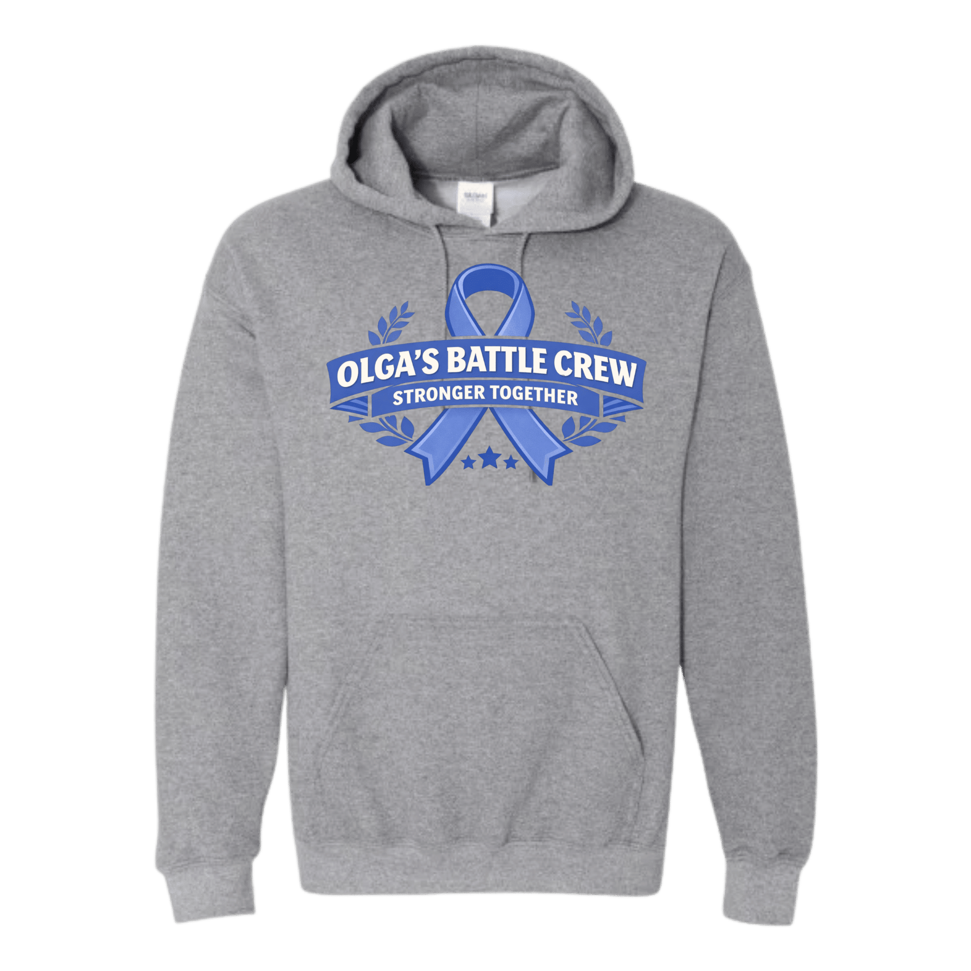 Gray hoodie with a blue ribbon design and text on a transparent background
