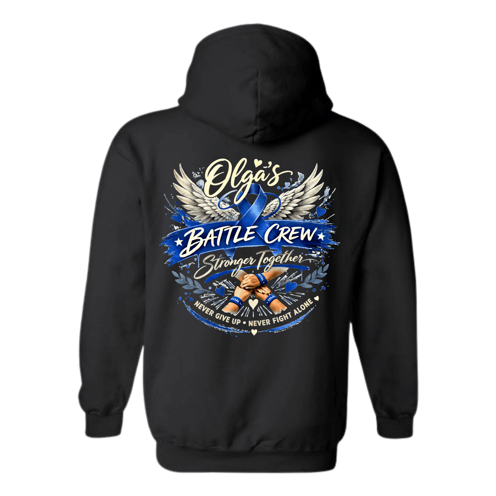 Olga's Battle Crew hoodie back design with wings, blue ribbon, Stronger Together, joined hands.