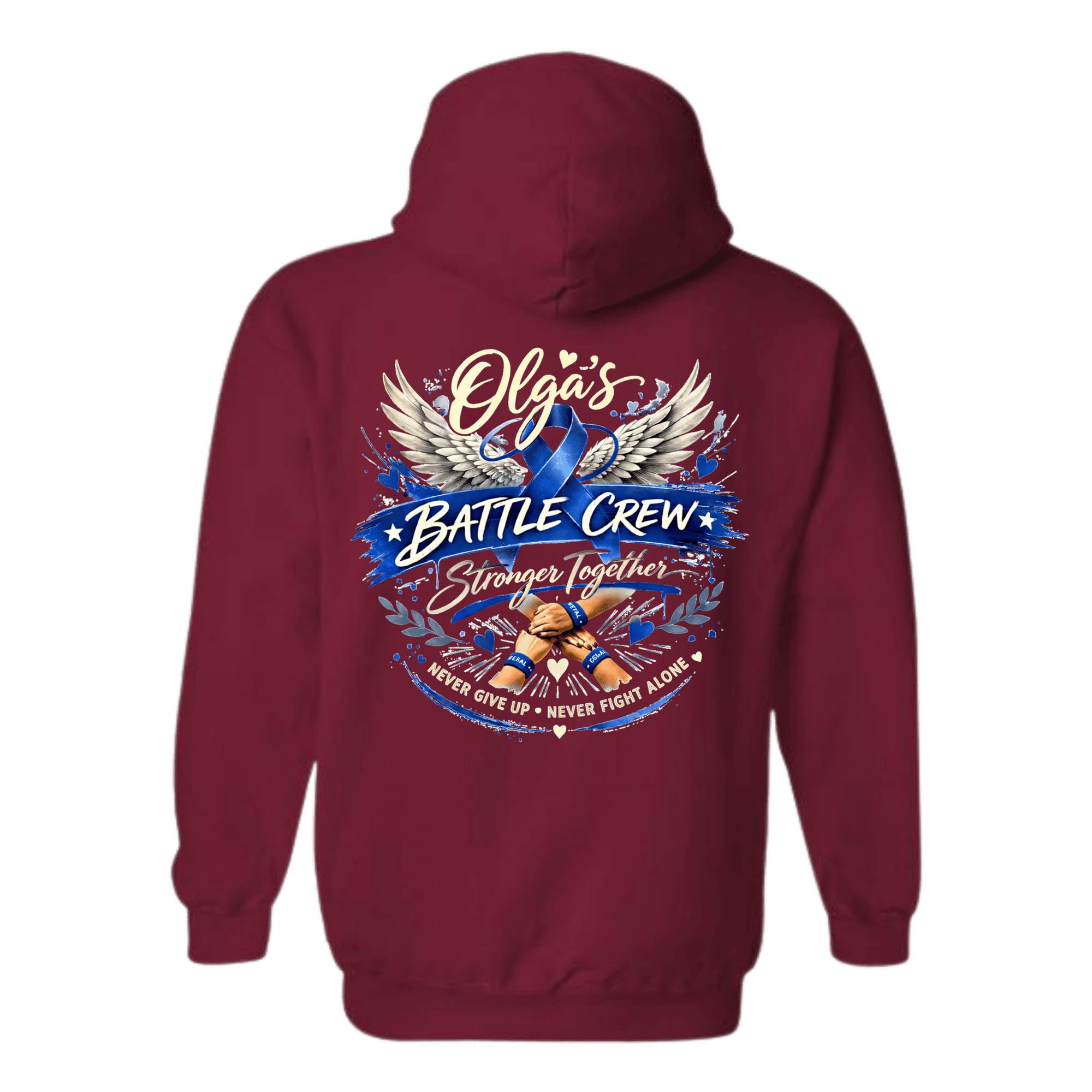 Maroon hoodie with 'Olga's Battle Crew' design on the back against a white background