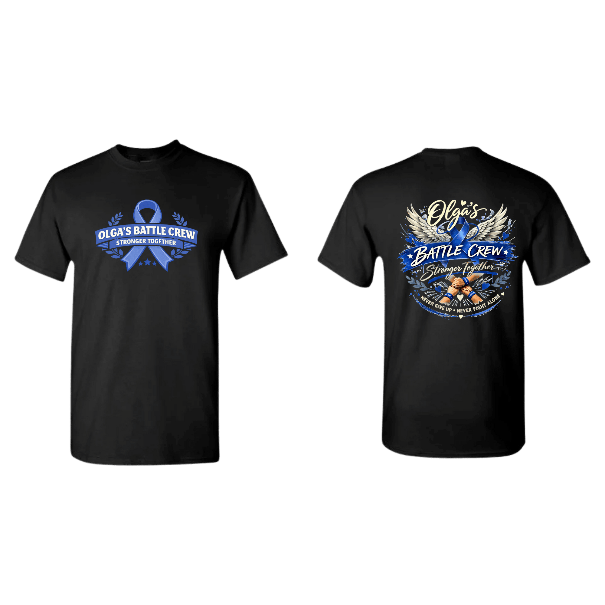 Black t-shirt with 'Olga's Battle Crew' design on a transparent background