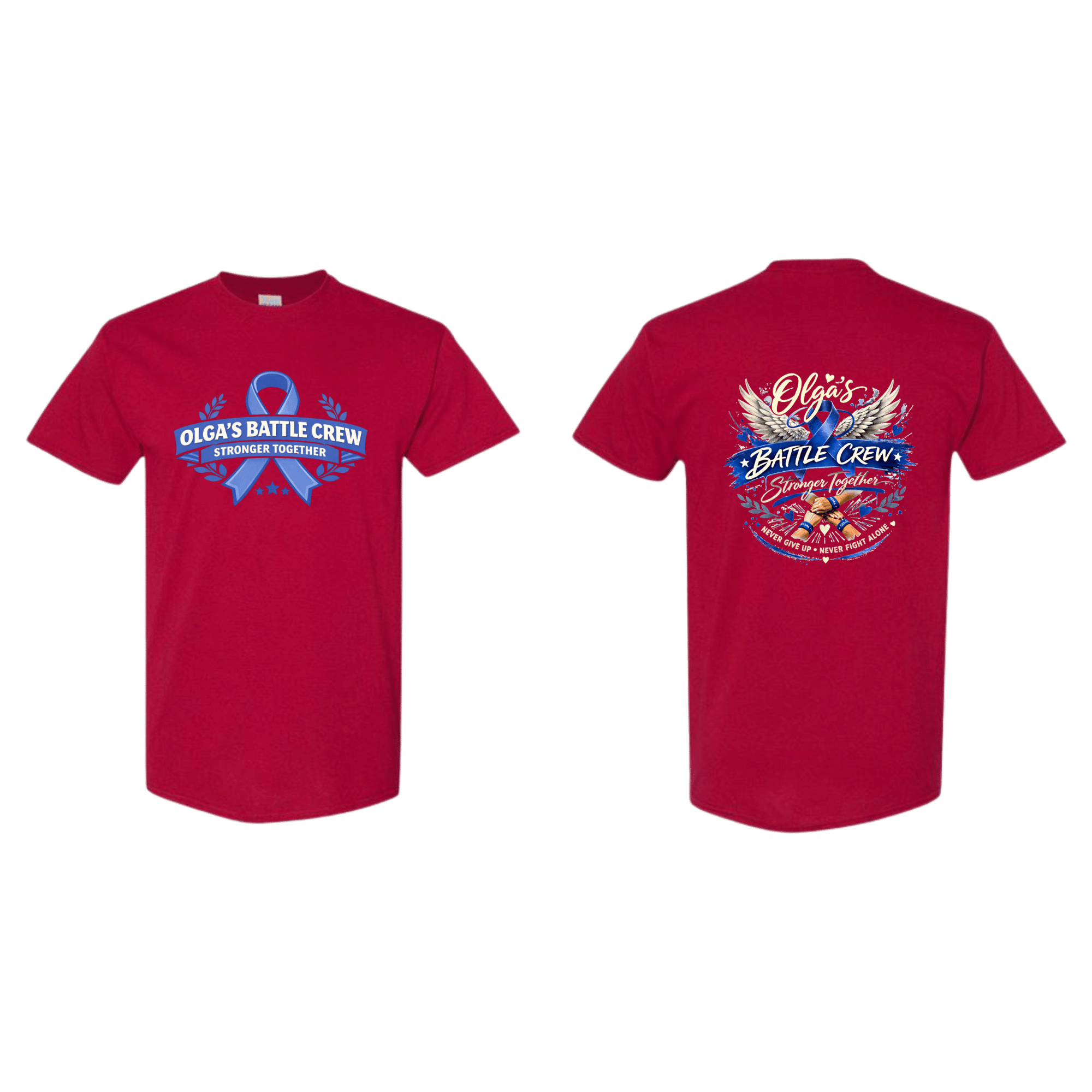 Red t-shirt with 'Olya's Battle Crew' design on a green background