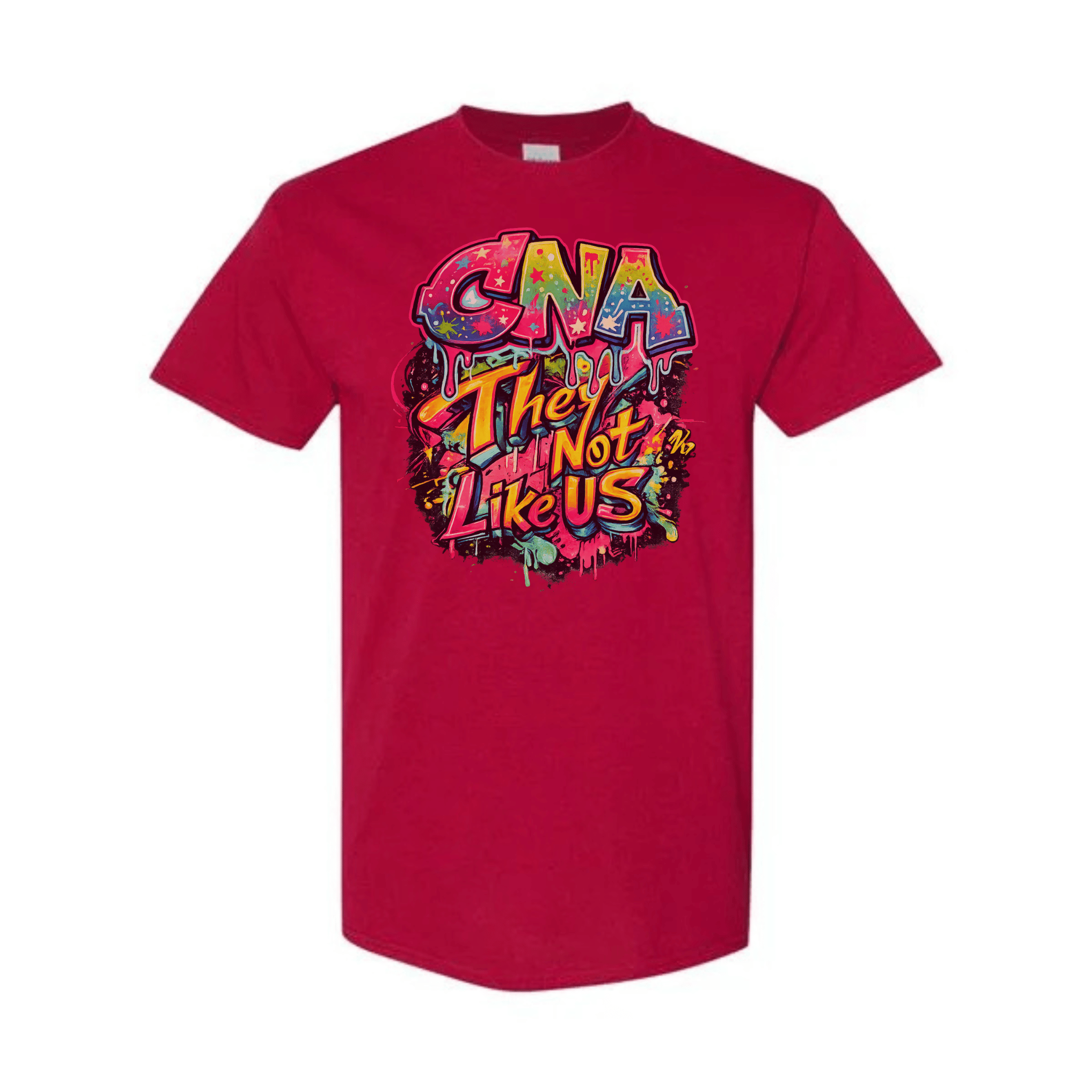 A red short-sleeve crewneck t-shirt featuring a colorful graphic on the chest that reads 'CNA They Are Not Like Us' in a graffiti-style font with pink, yellow, and blue tones.