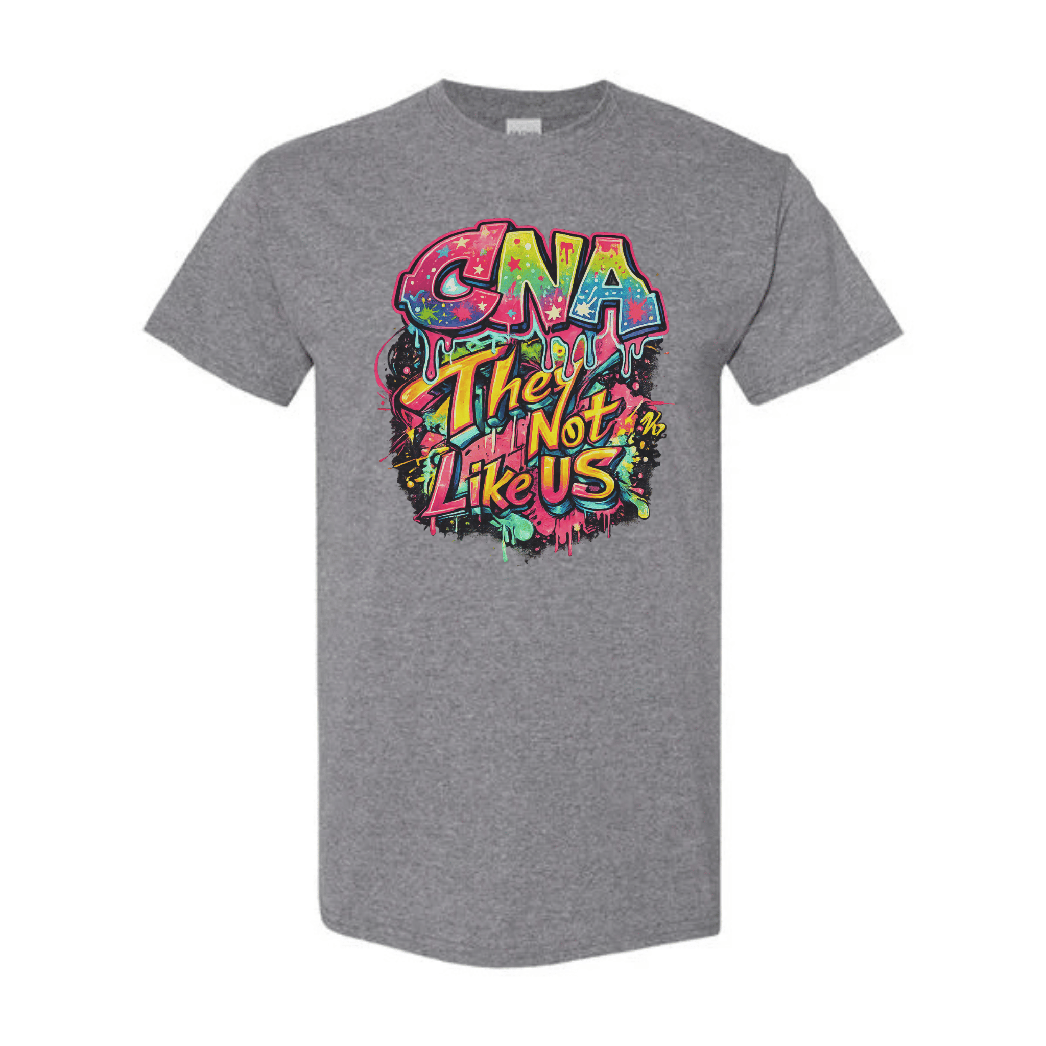 A heather gray short-sleeve t-shirt with a colorful graffiti-style graphic on the chest that reads 'GNA They Don't Like US'.