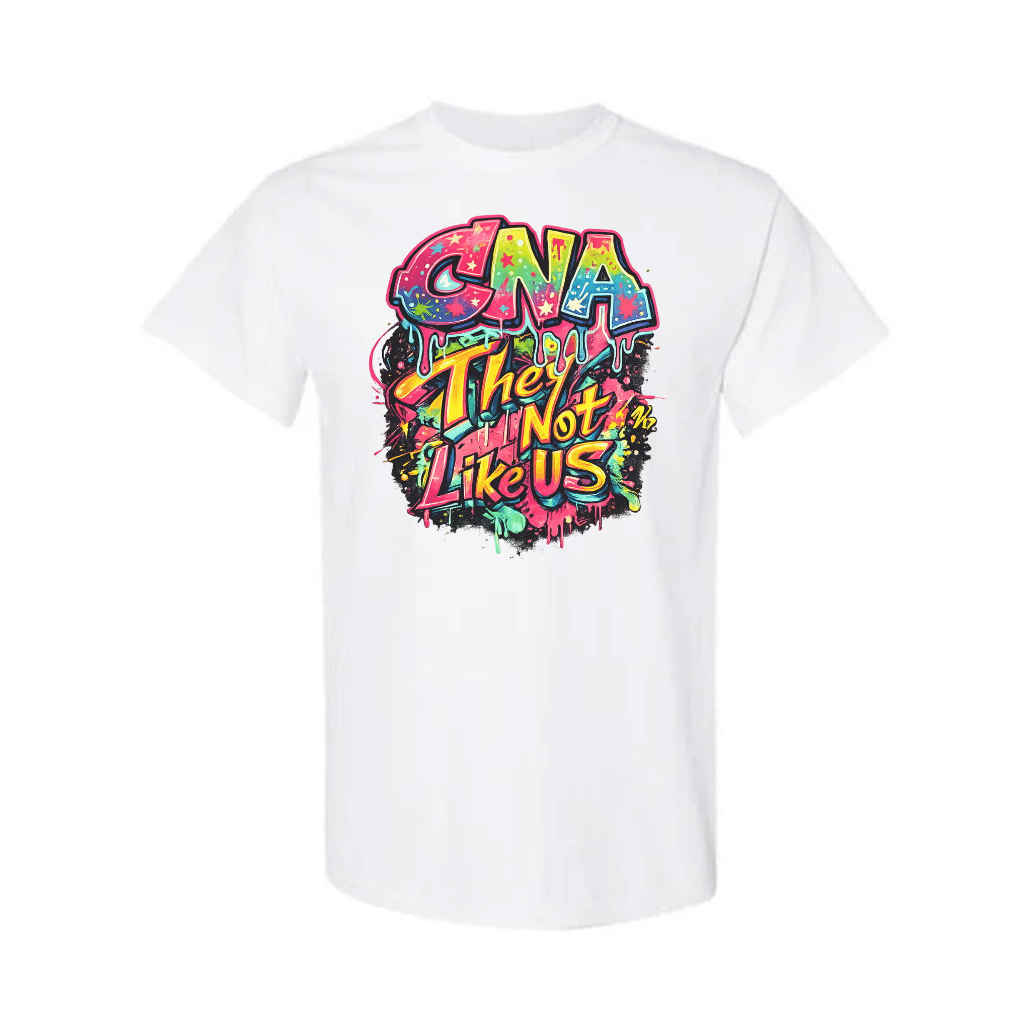 A white short-sleeve crewneck t-shirt featuring a colorful graphic print on the front with the text 'CNA They Not Like US' in a vibrant graffiti-style font.