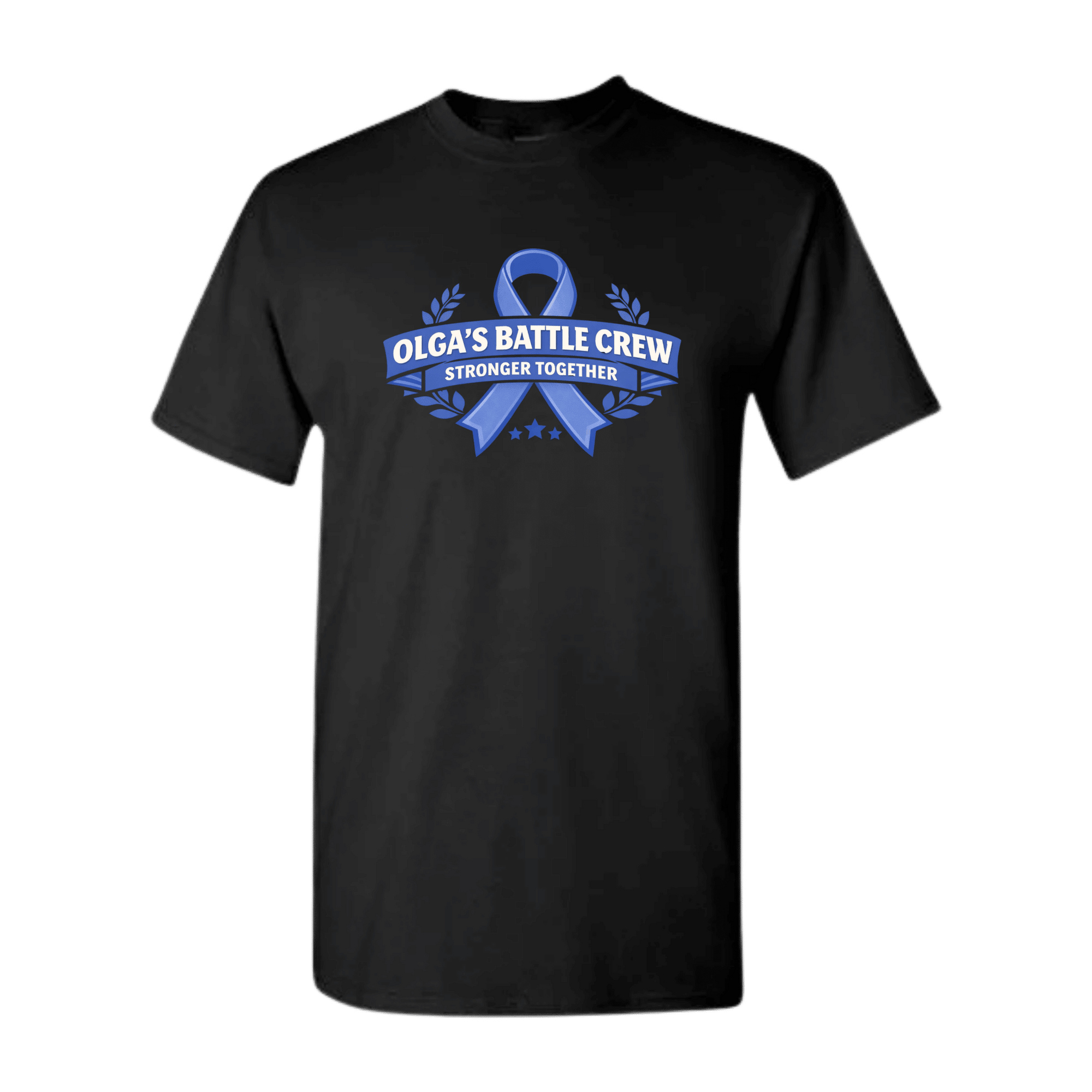 Black t-shirt with blue ribbon design and text on a transparent background