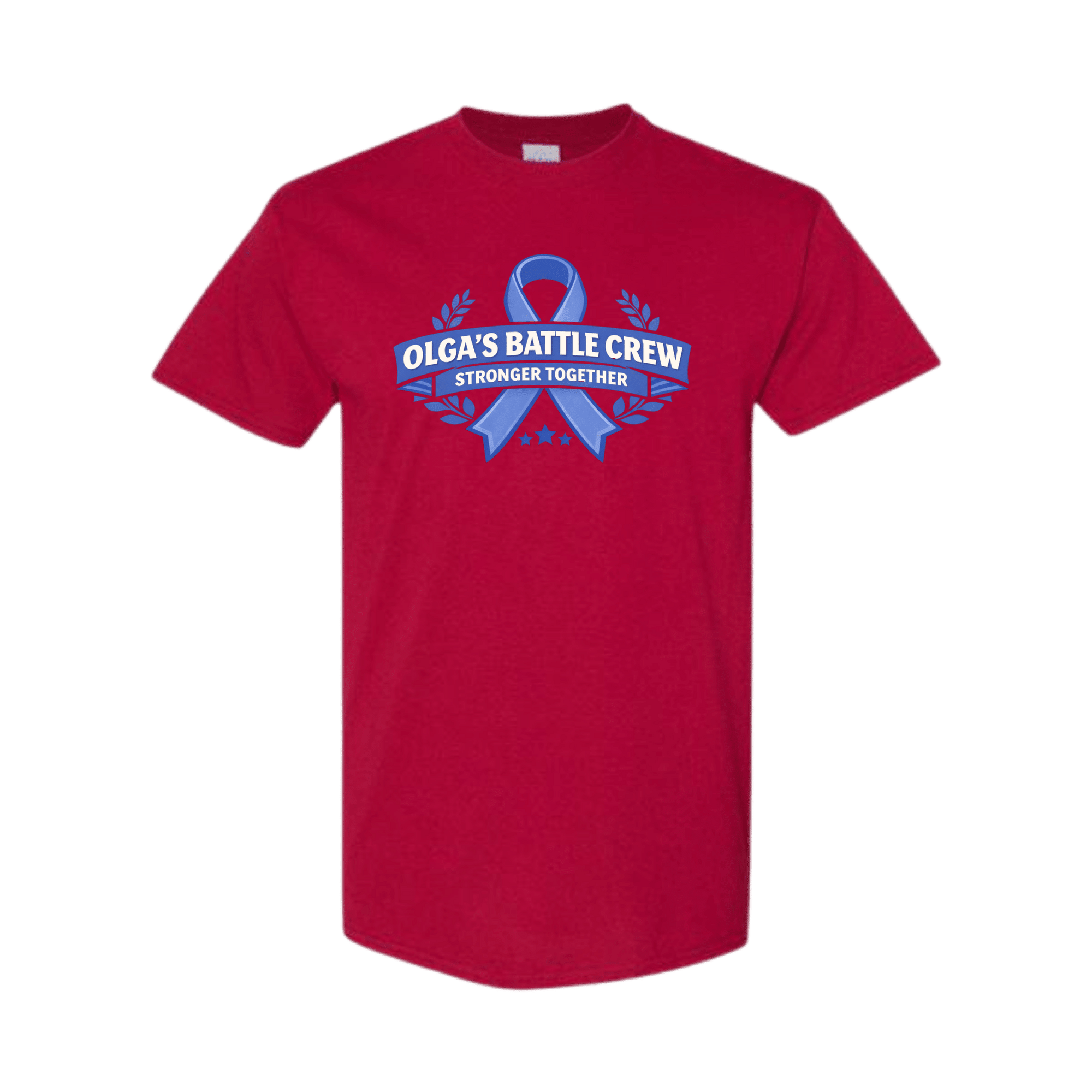 Red t-shirt with blue ribbon design and text on a transparent background