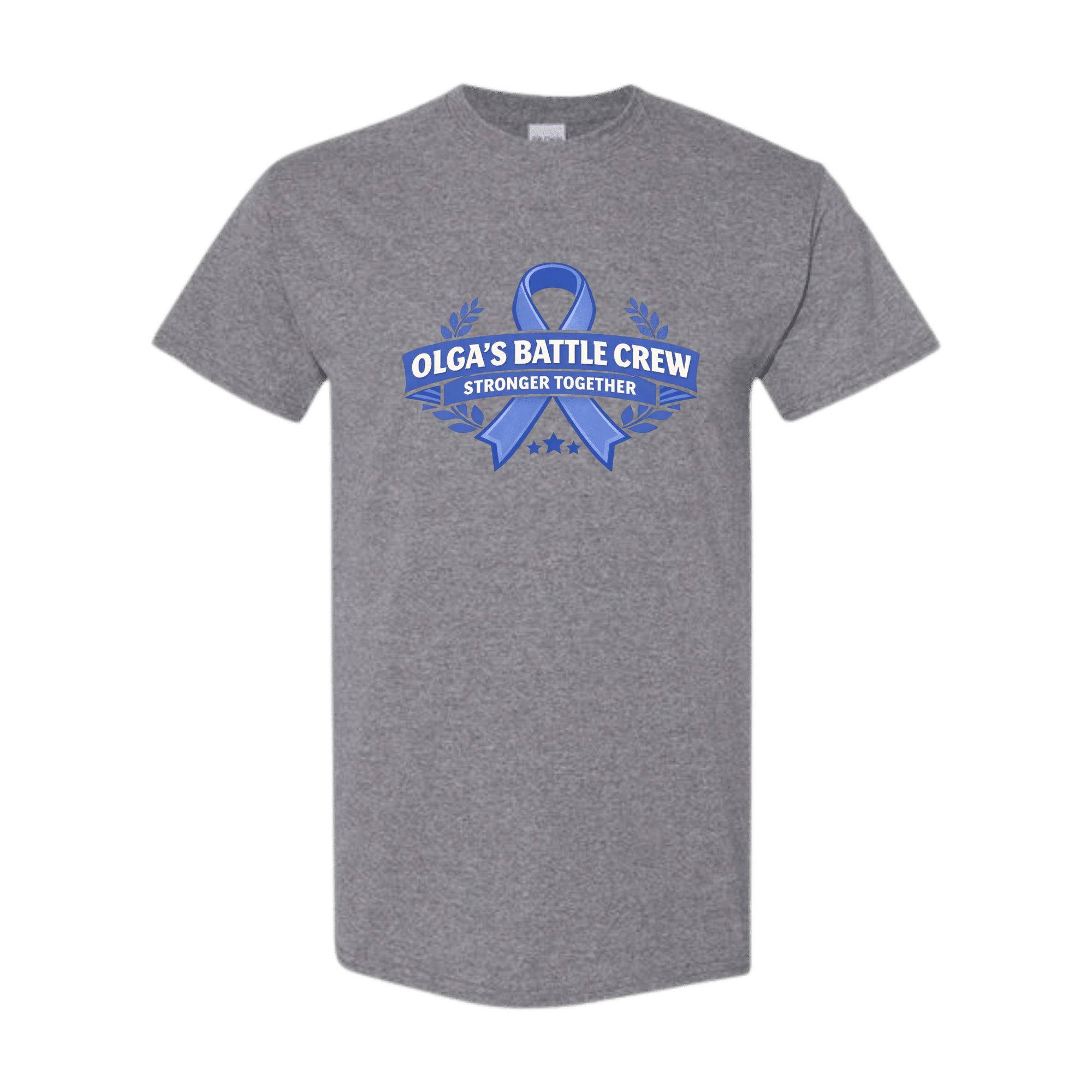 Gray t-shirt with blue ribbon design and text on a green background