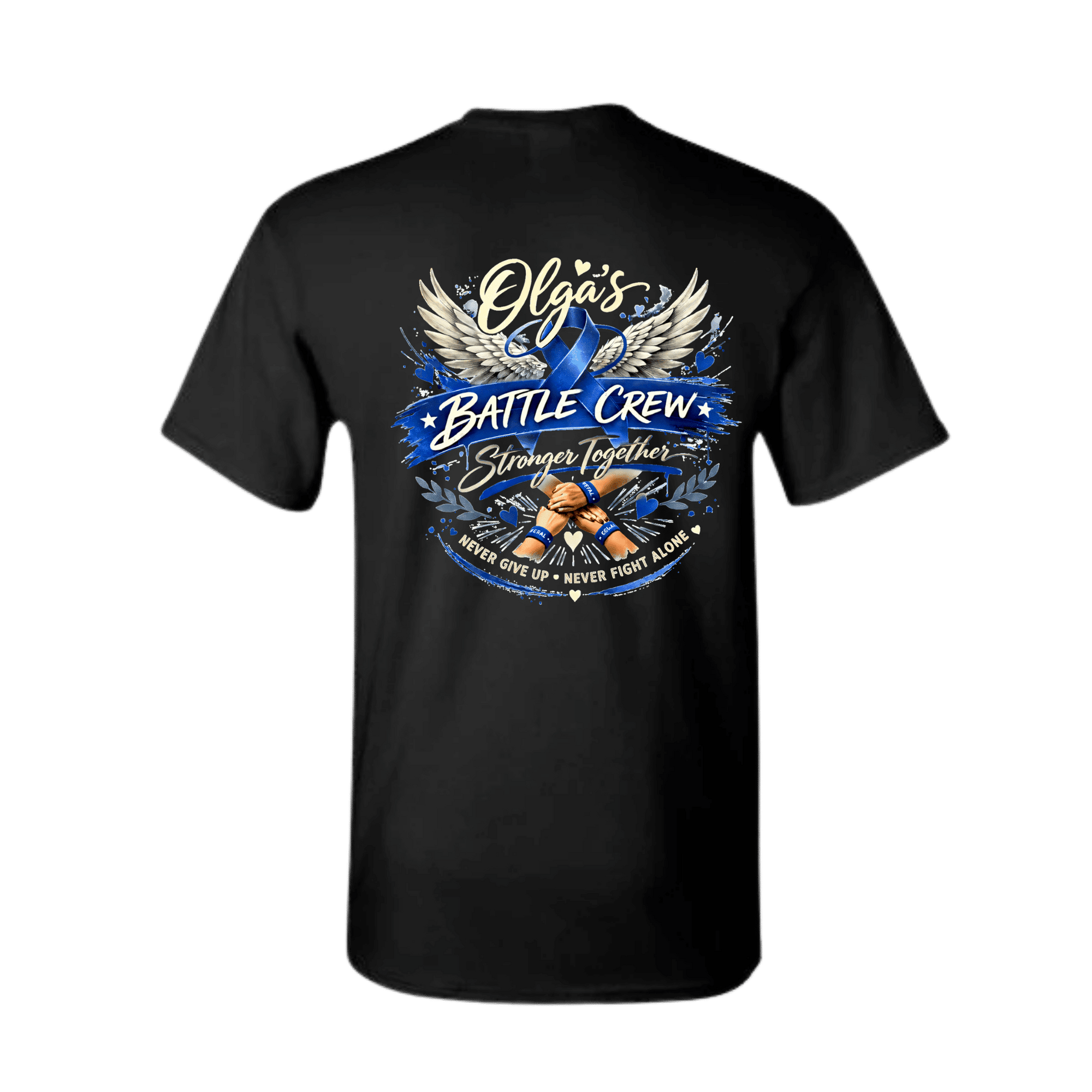 Black t-shirt with 'Olga's Battle Crew' design on a transparent background