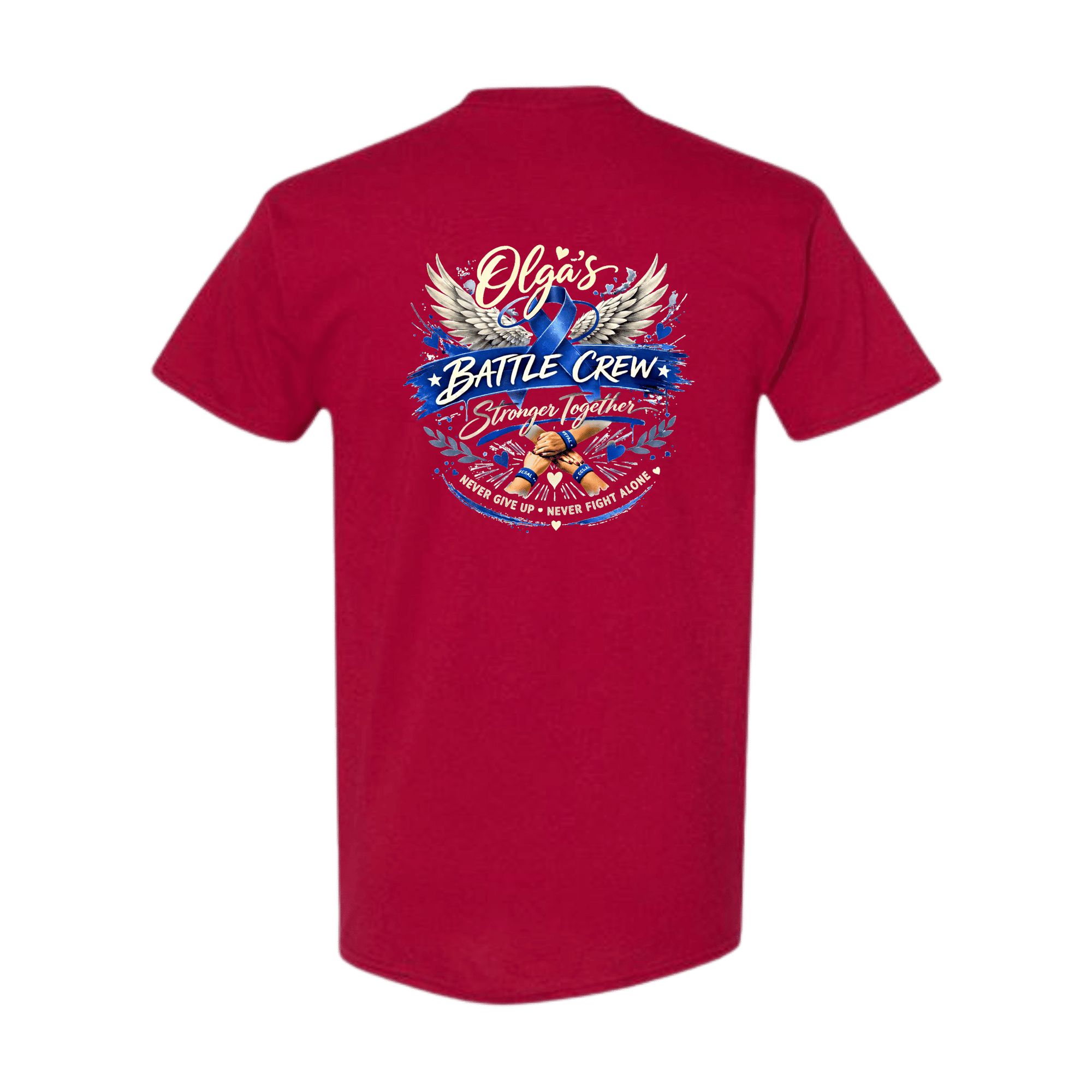 Red t-shirt with 'Olga's Battle Crew' design on a transparent background