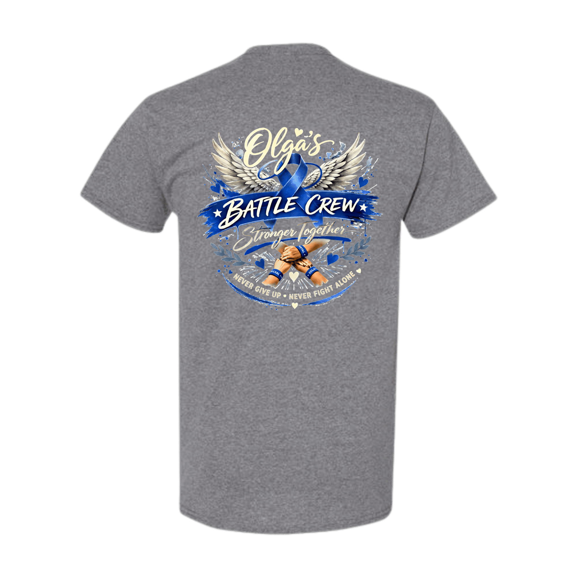 Gray t-shirt with 'Olga's Battle Crew' design on a green background