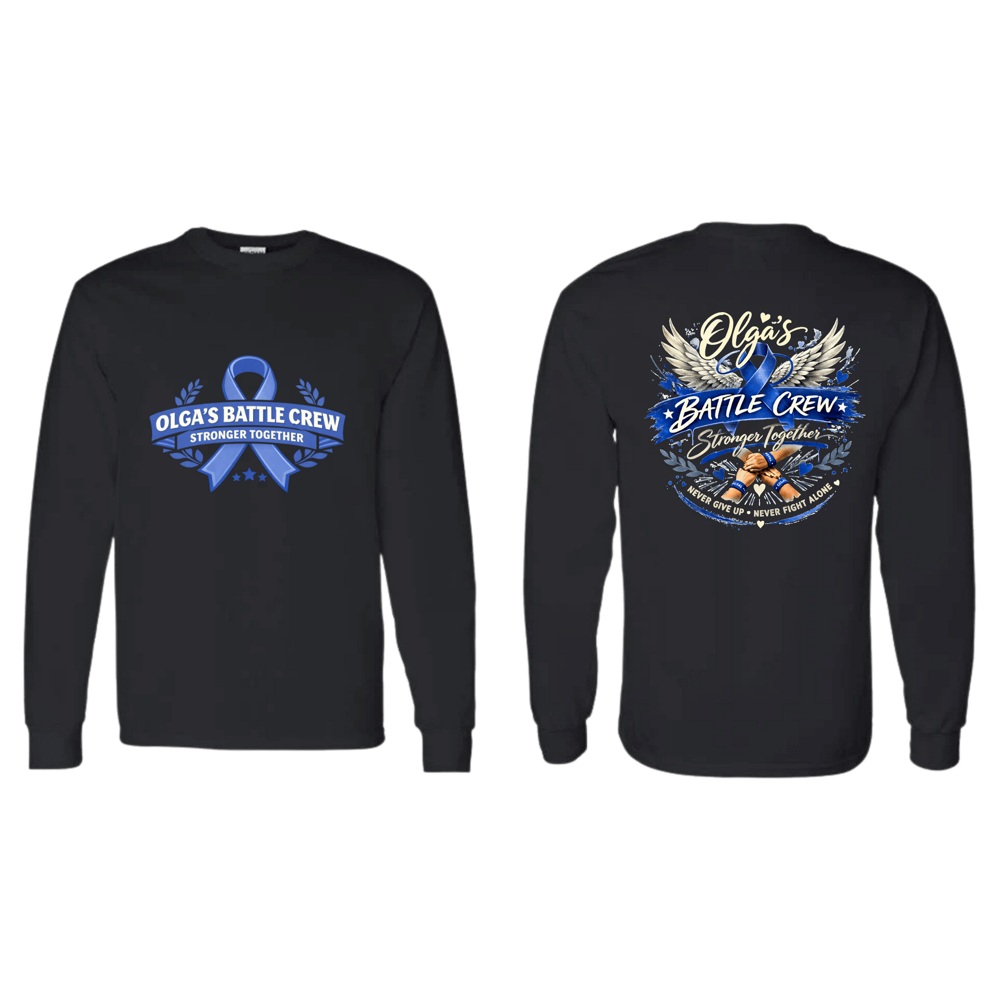 Olga's Battle Crew long-sleeve shirt with front blue ribbon logo and back wings, 'Stronger Together' design.