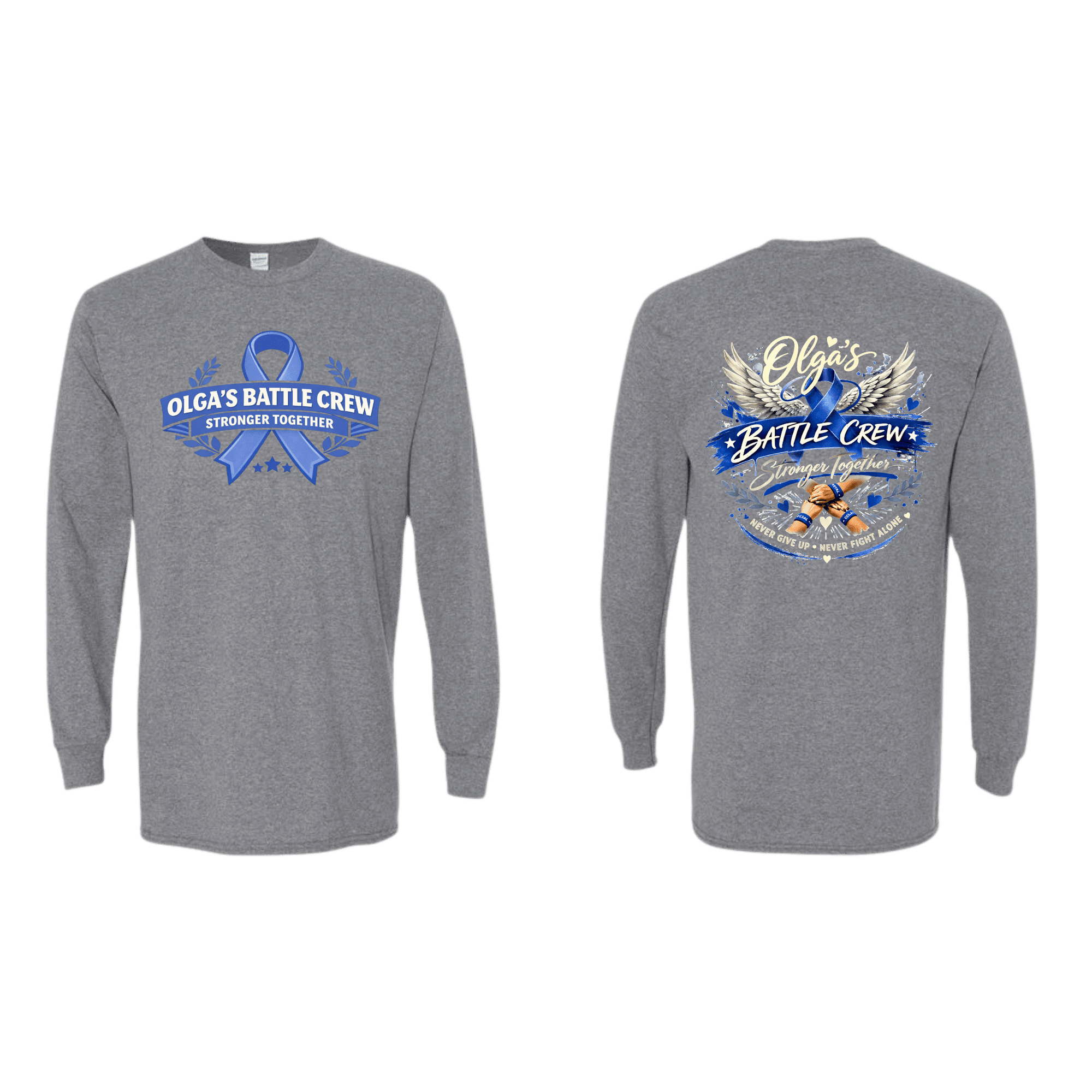 Olga's Battle Crew Stronger Together long sleeve shirt in gray with front blue ribbon logo and back winged design.