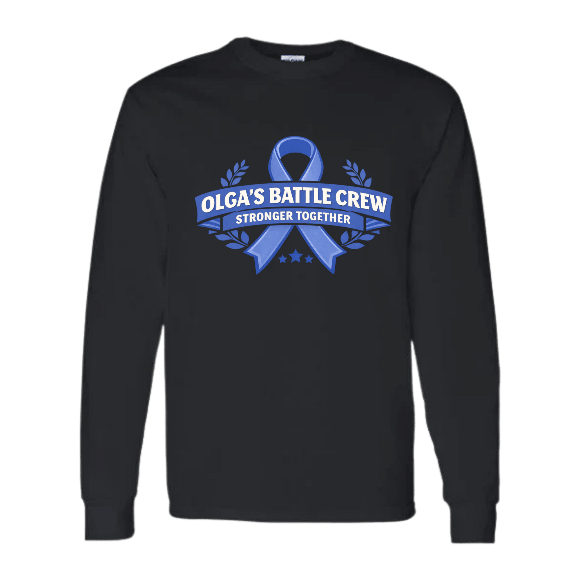 Olga's Battle Crew long-sleeve shirt with blue ribbon logo and Stronger Together banner.