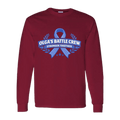 Olga's Battle Crew long sleeve shirt with blue ribbon, laurel, and 'Stronger Together' text on maroon tee.